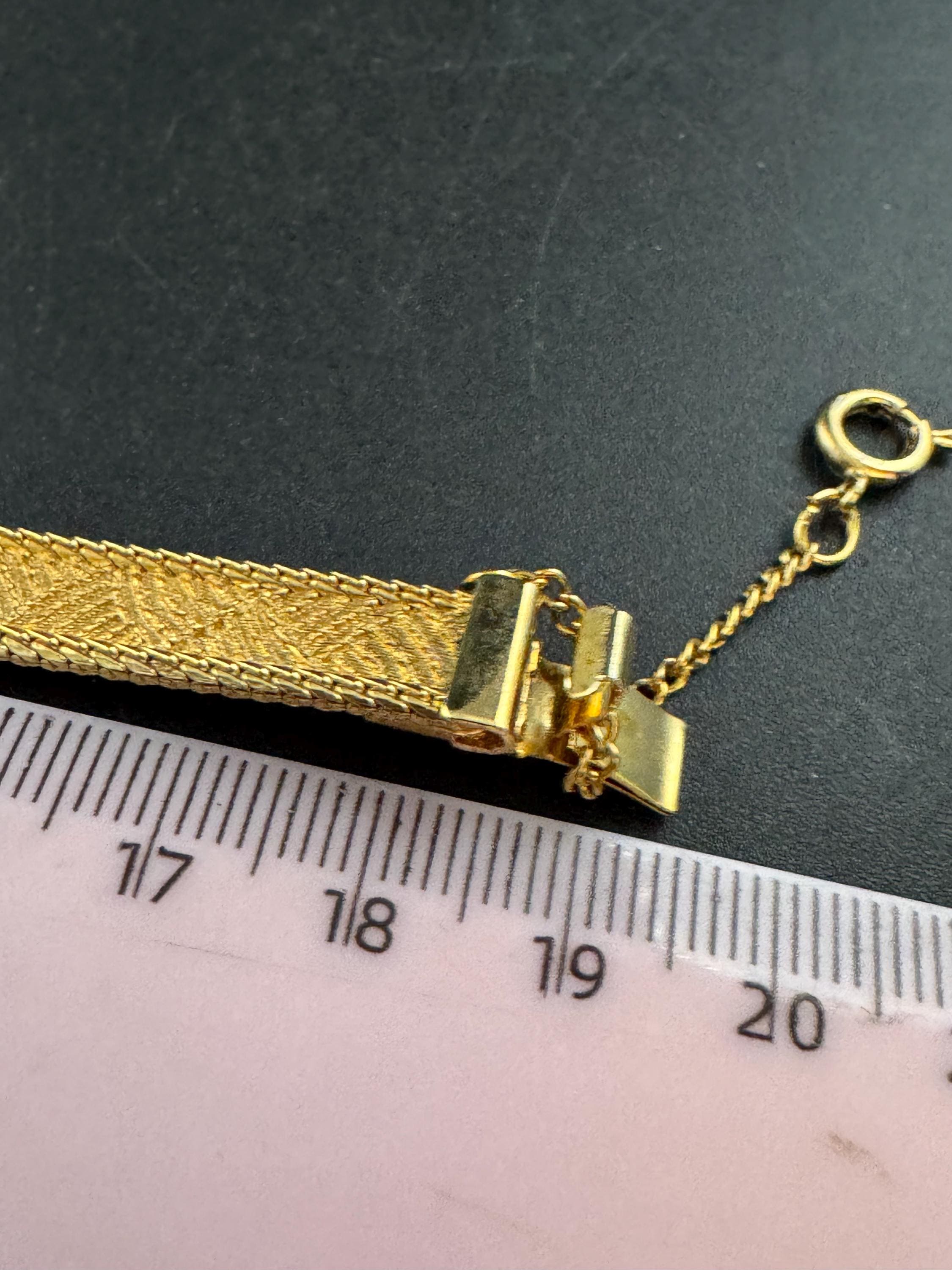 Vintage slim flat mesh bangle bracelet , gold plated with safety chain