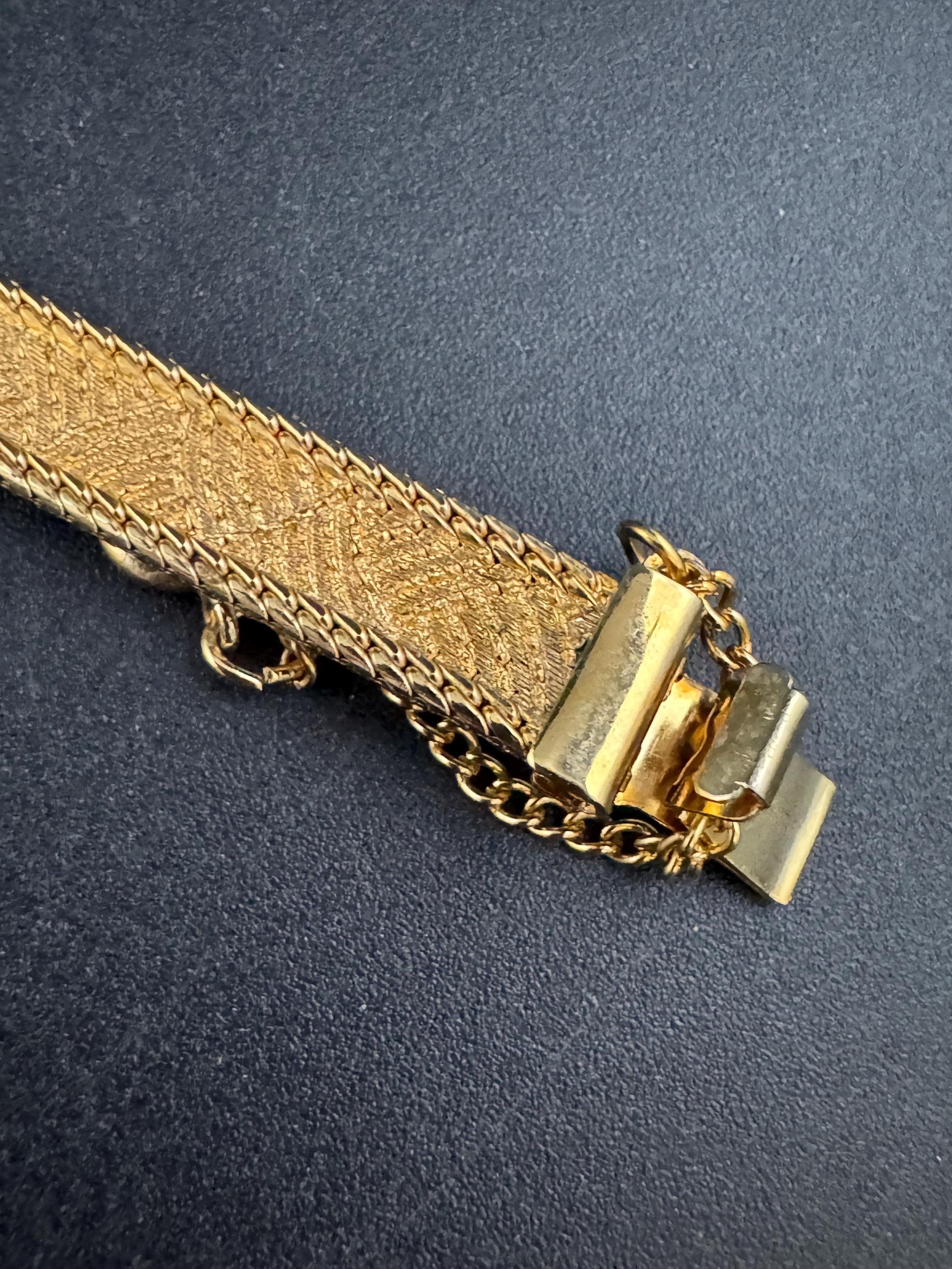 Vintage slim flat mesh bangle bracelet , gold plated with safety chain