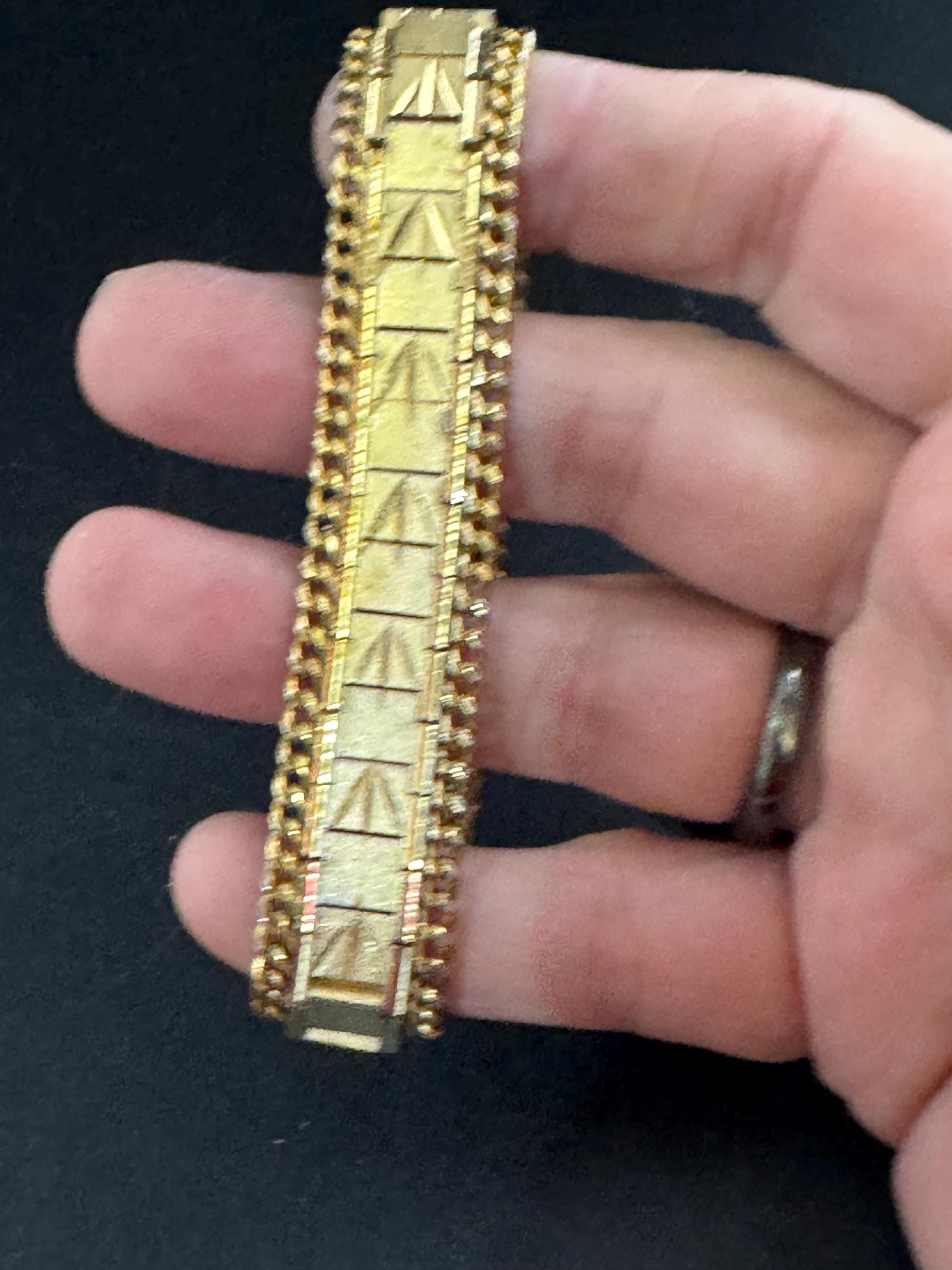 1970s flat wide etched bracelet, gold plated chain edged