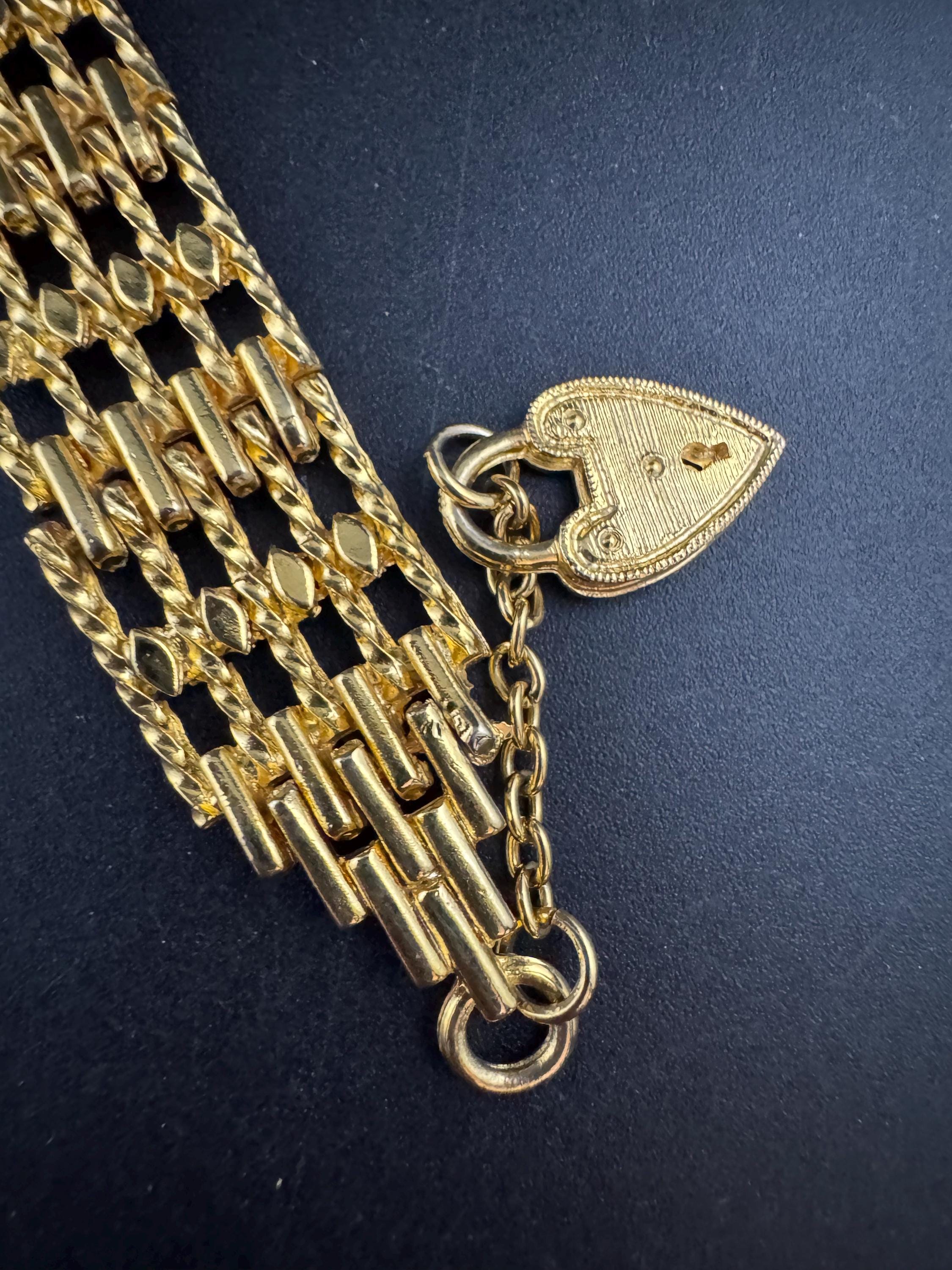 Retro 5 bar gate bracelet with heart padlock, gold tone