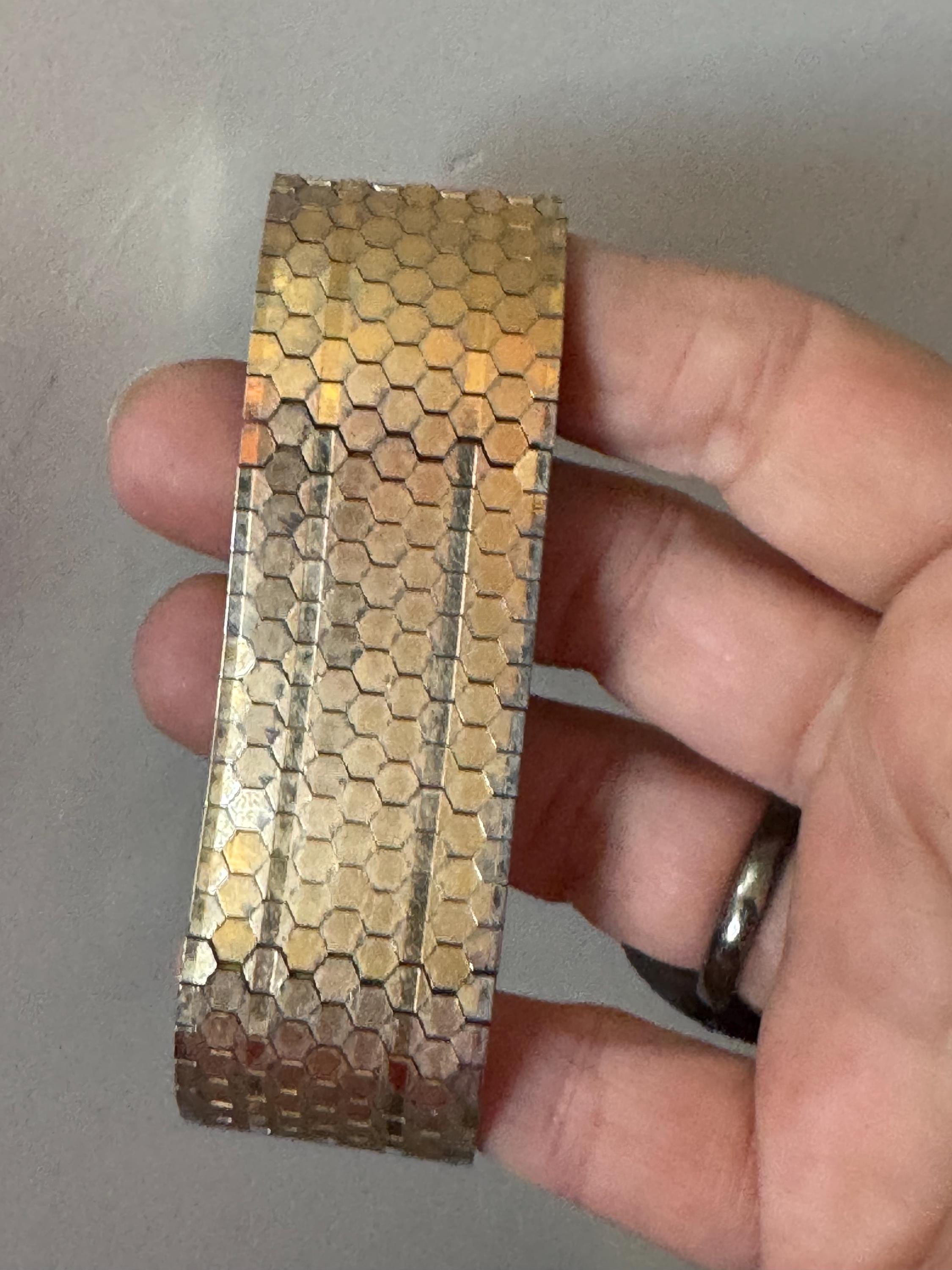 1970s 18k GP flat wide articulated cuff bracelet, Italian gold plated with wear