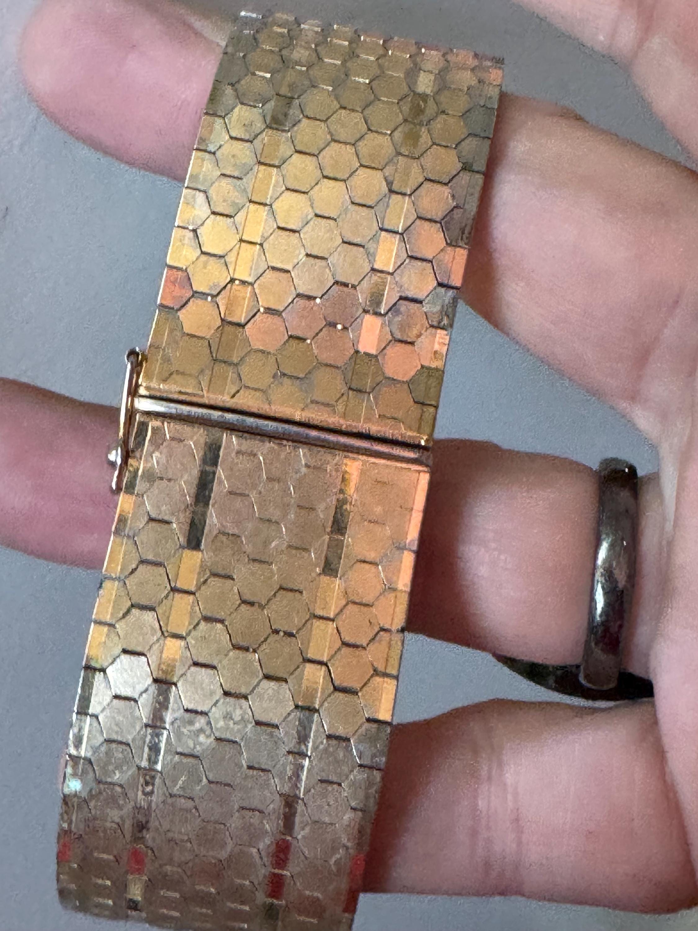 1970s 18k GP flat wide articulated cuff bracelet, Italian gold plated with wear