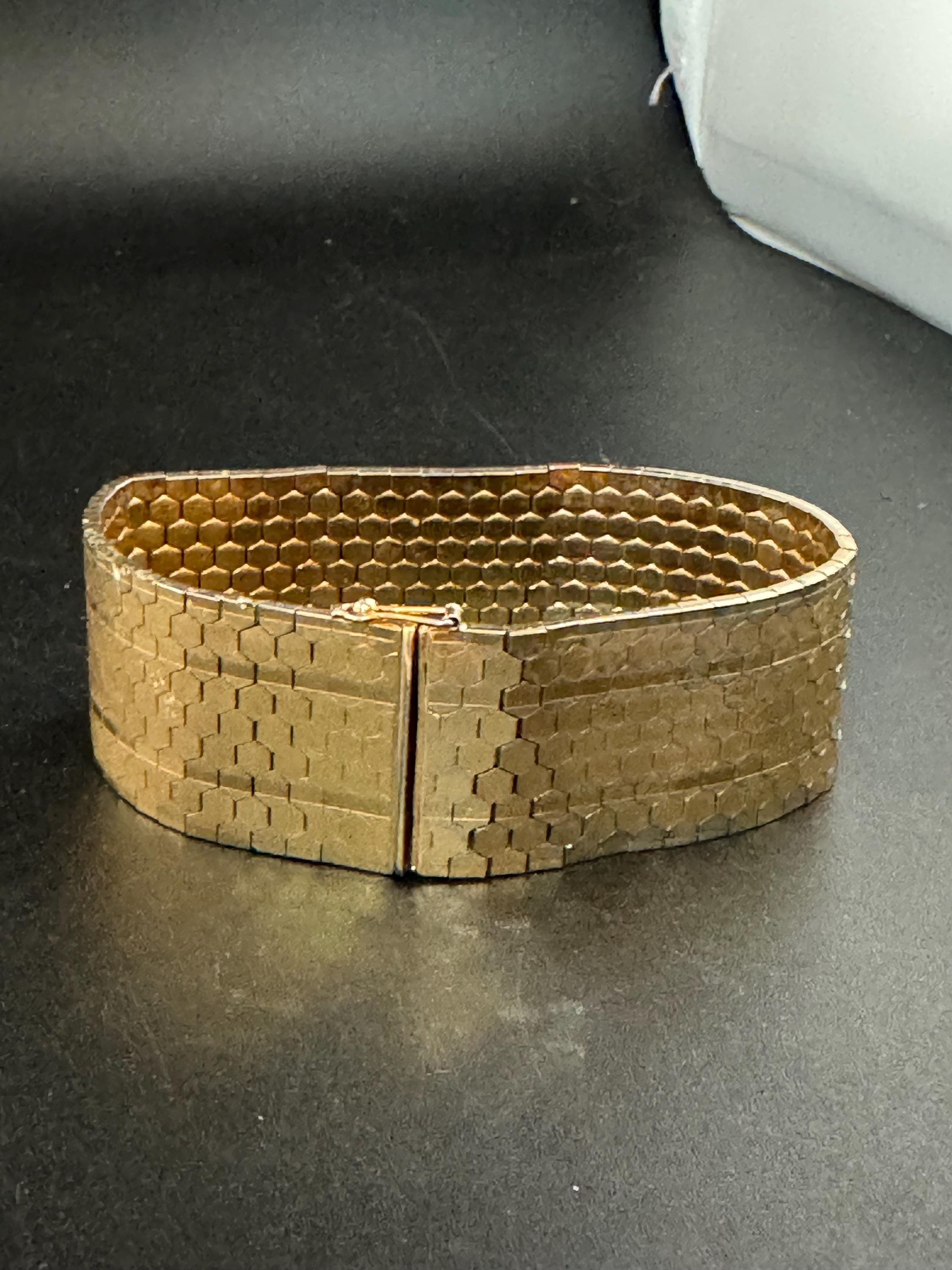 1970s 18k GP flat wide articulated cuff bracelet, Italian gold plated with wear