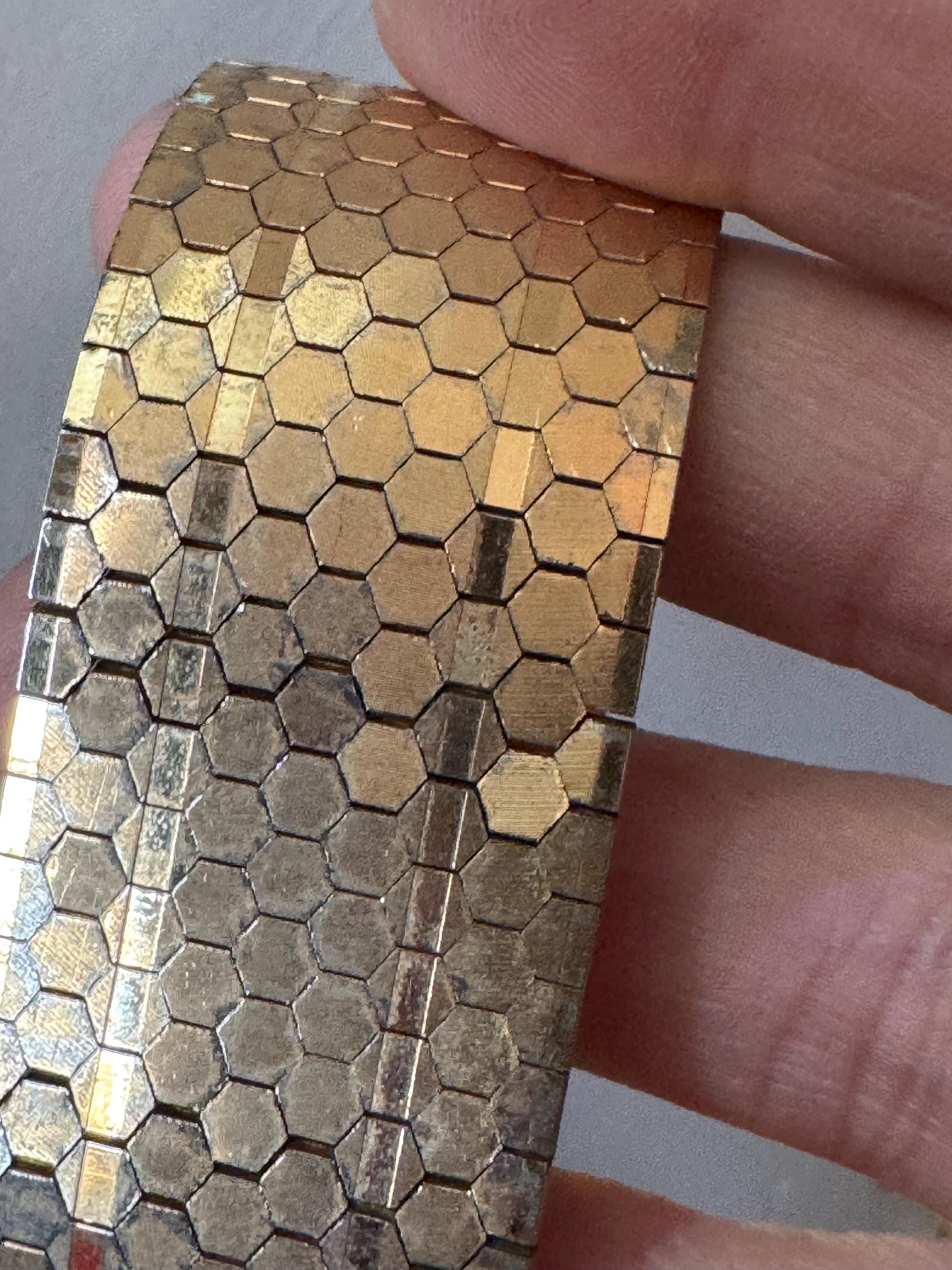 1970s 18k GP flat wide articulated cuff bracelet, Italian gold plated with wear