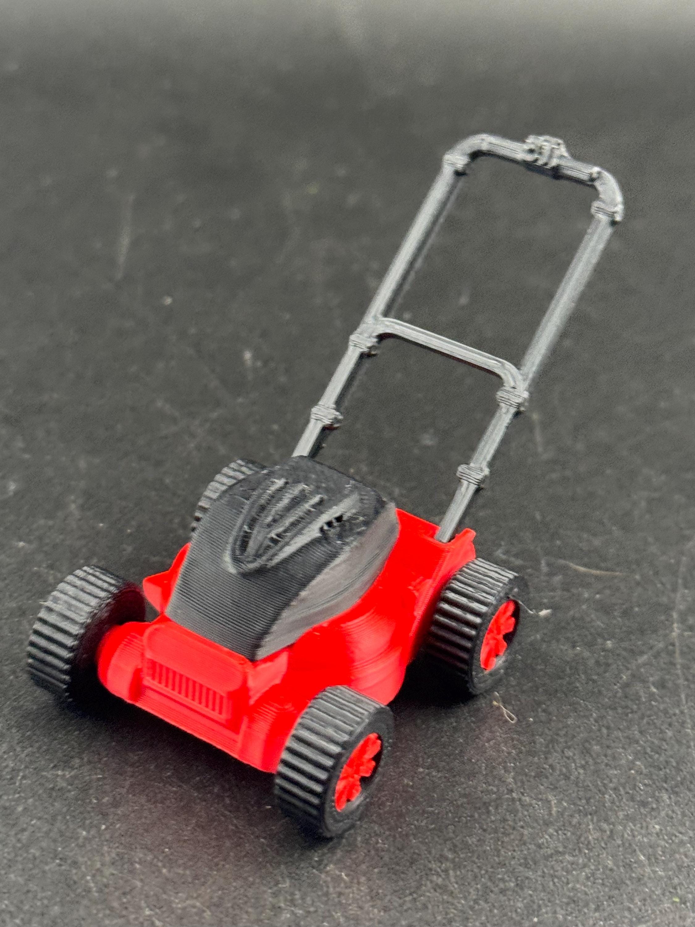 Miniature lawn mower cake topper, gardener, dollhouse scenery