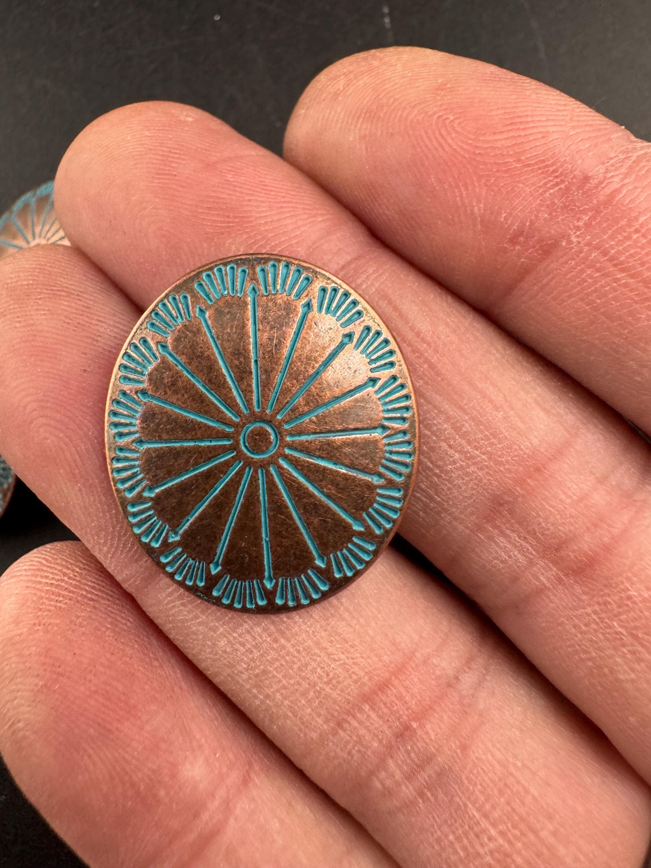 25mm Copper oval metal buttons, pack of 5 ,boho green verdigris design