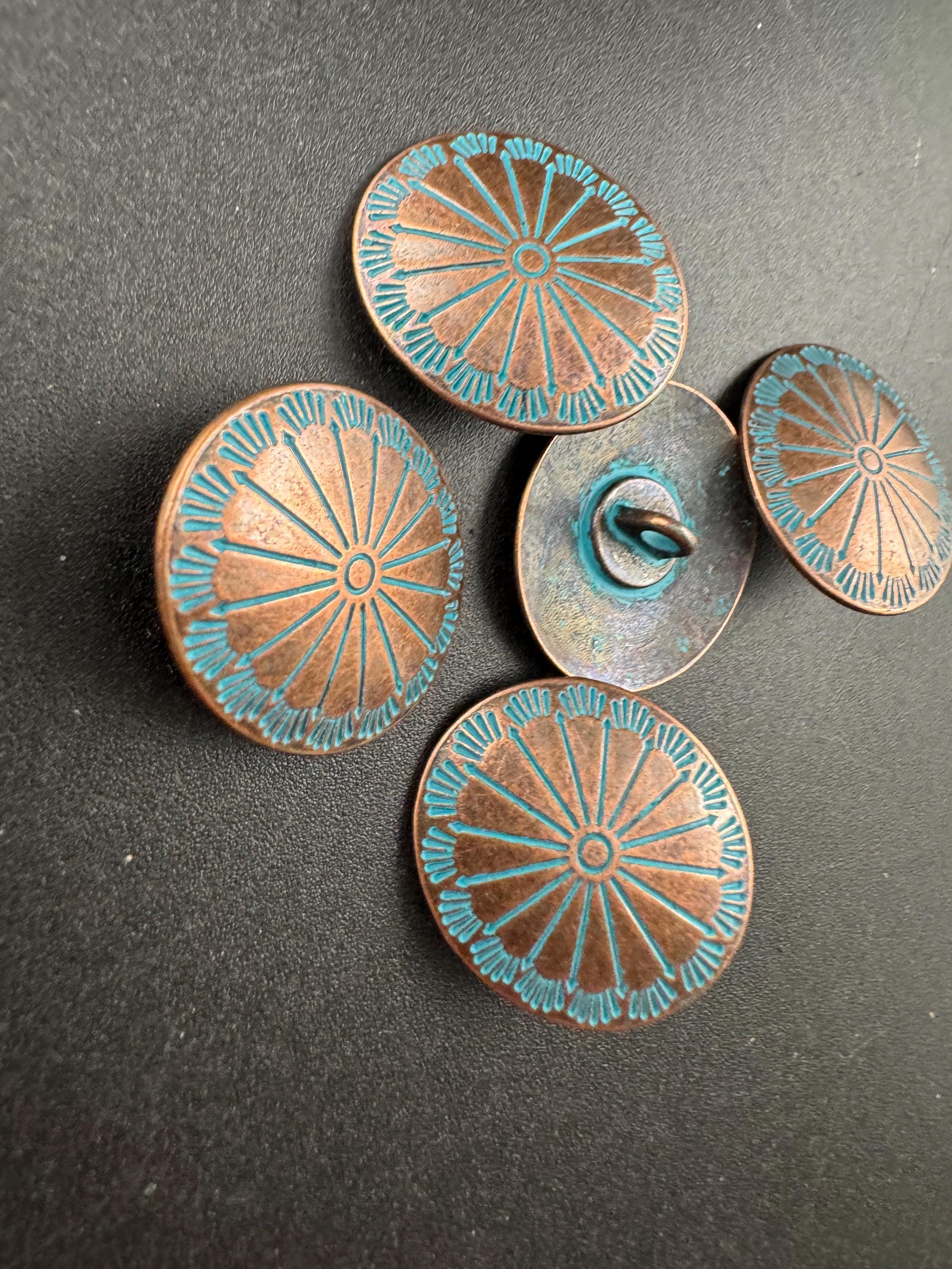 25mm Copper oval metal buttons, pack of 5 ,boho green verdigris design