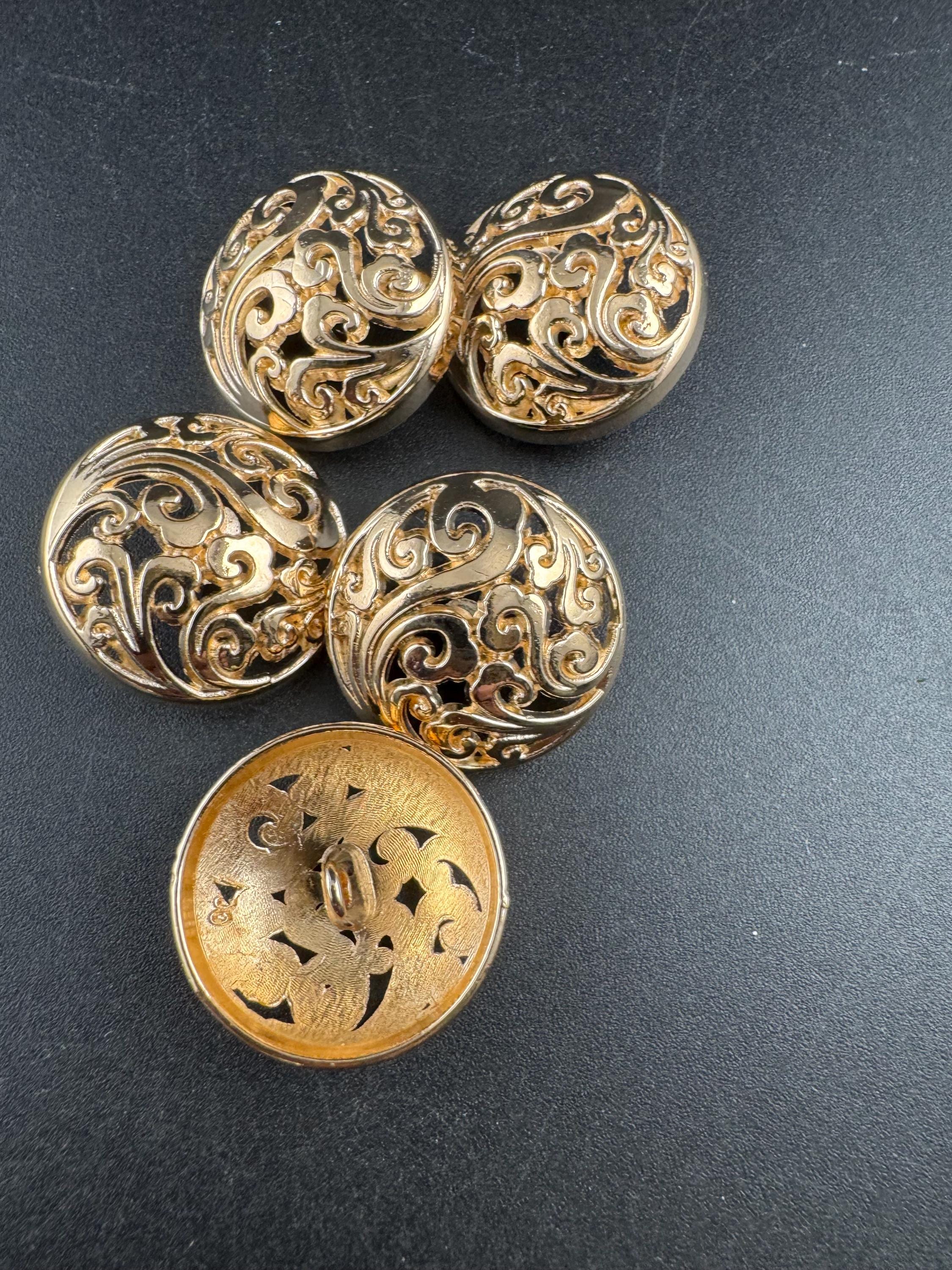 25mm openwork domed buttons, pack of 5 in gold or steel grey metal