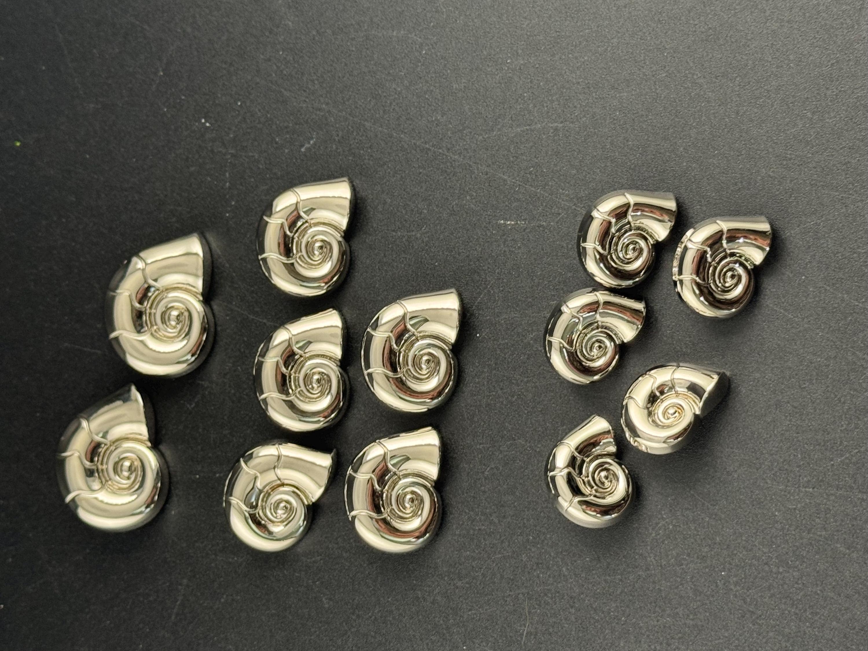 Silver ammonite seashell buttons, three sizes 30mm 23mm and 20mm