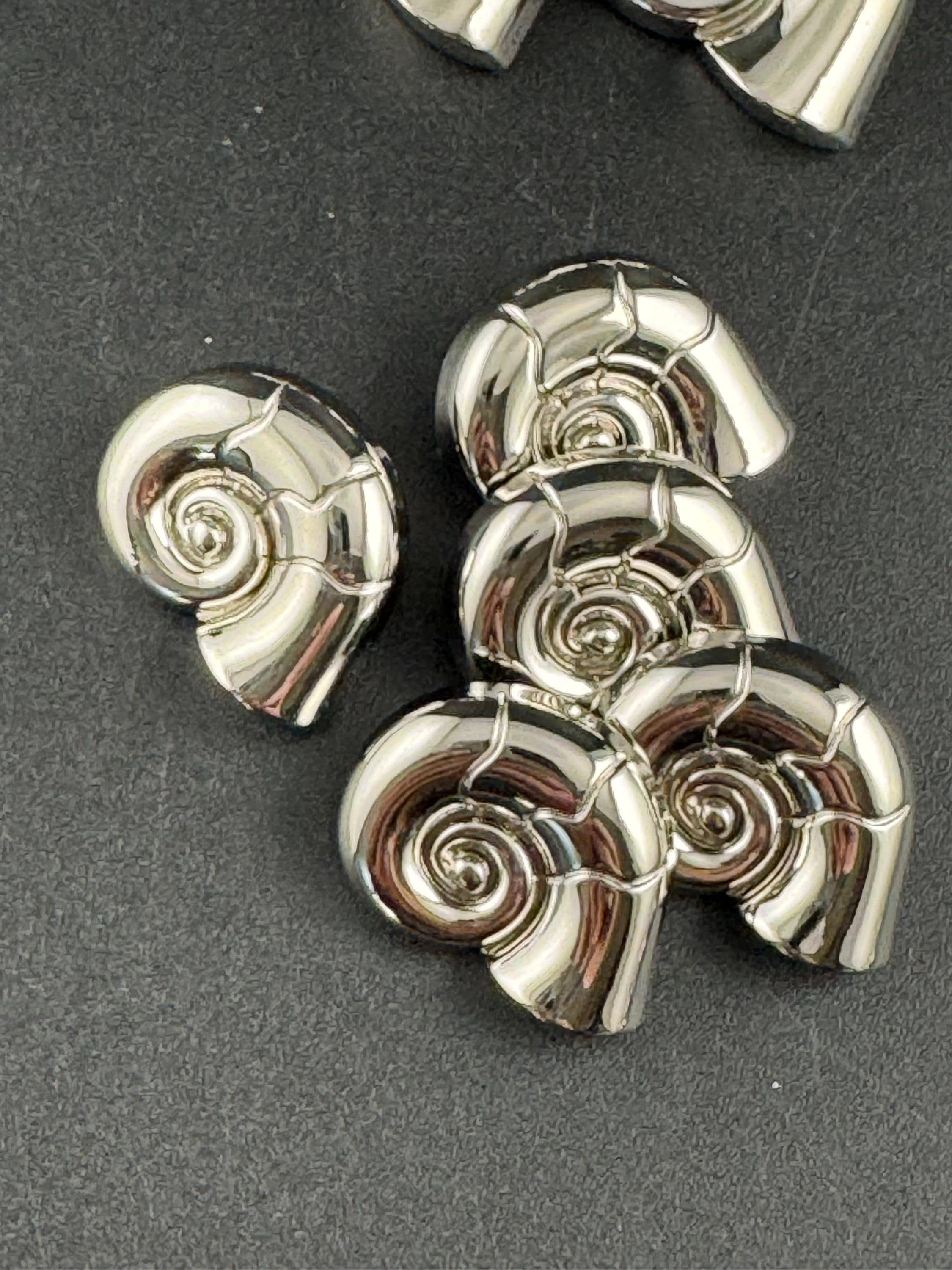 Silver ammonite seashell buttons, three sizes 30mm 23mm and 20mm