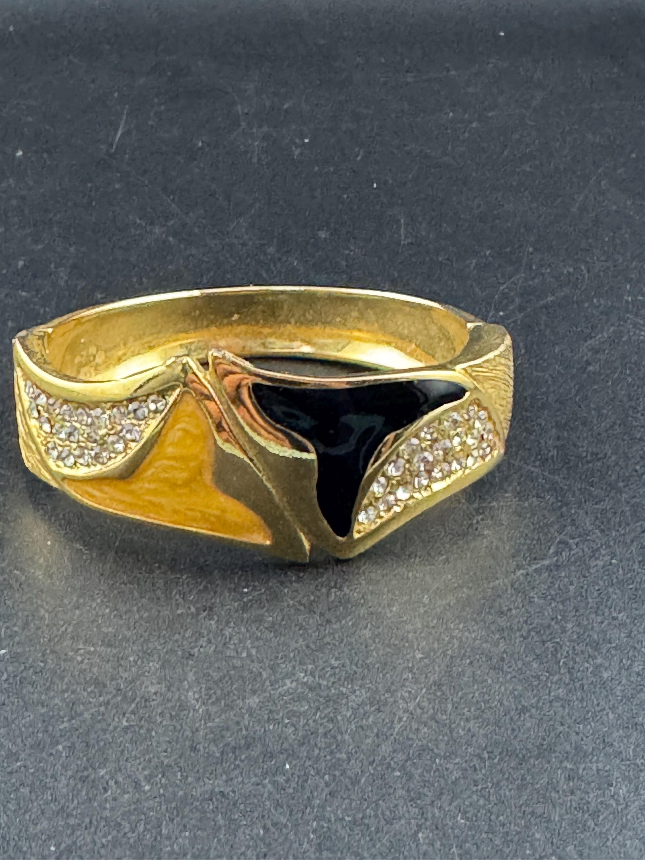 Vintage black gold enamel hinged clamper bangle , rhinestones 80s