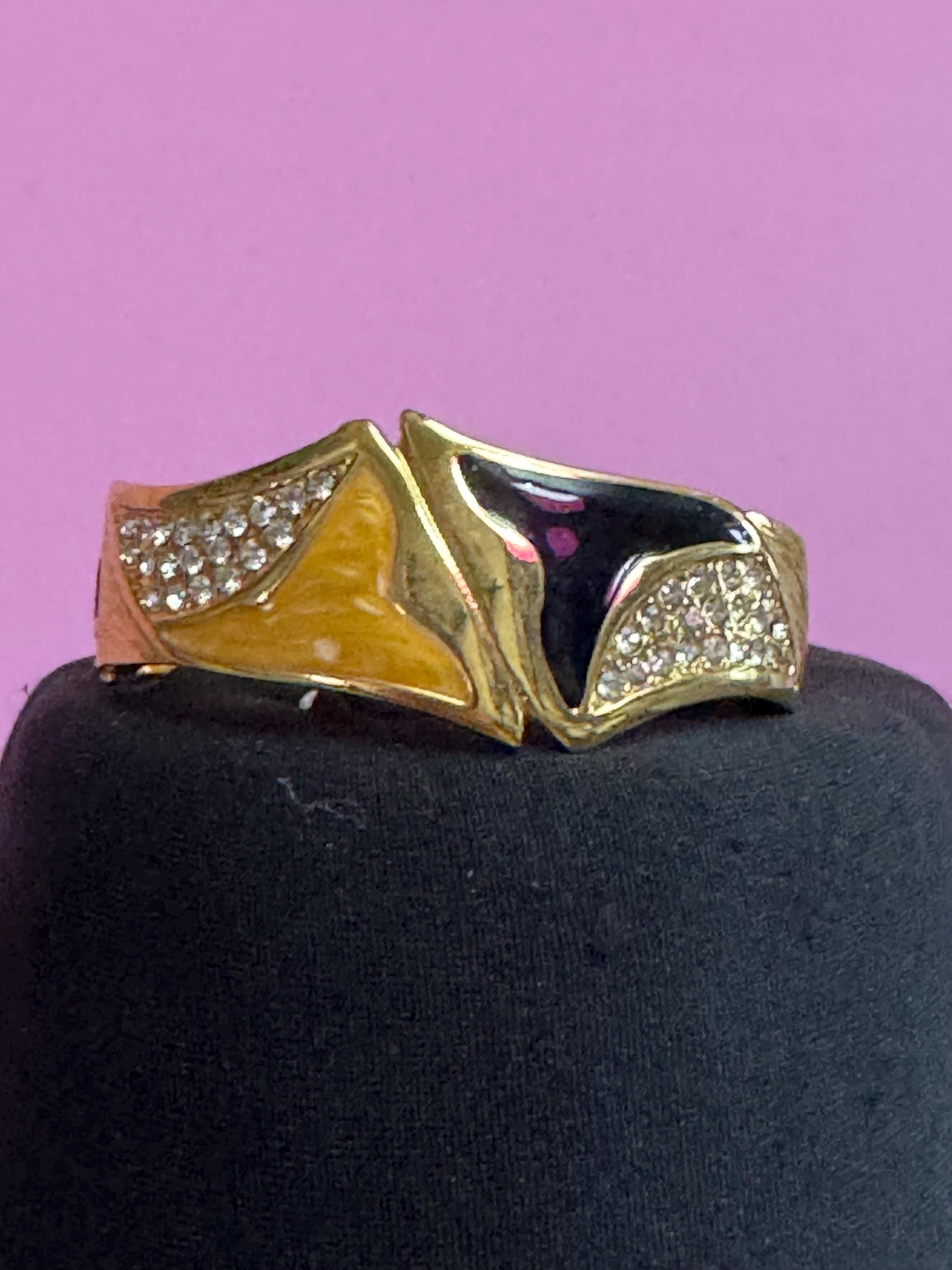 Vintage black gold enamel hinged clamper bangle , rhinestones 80s