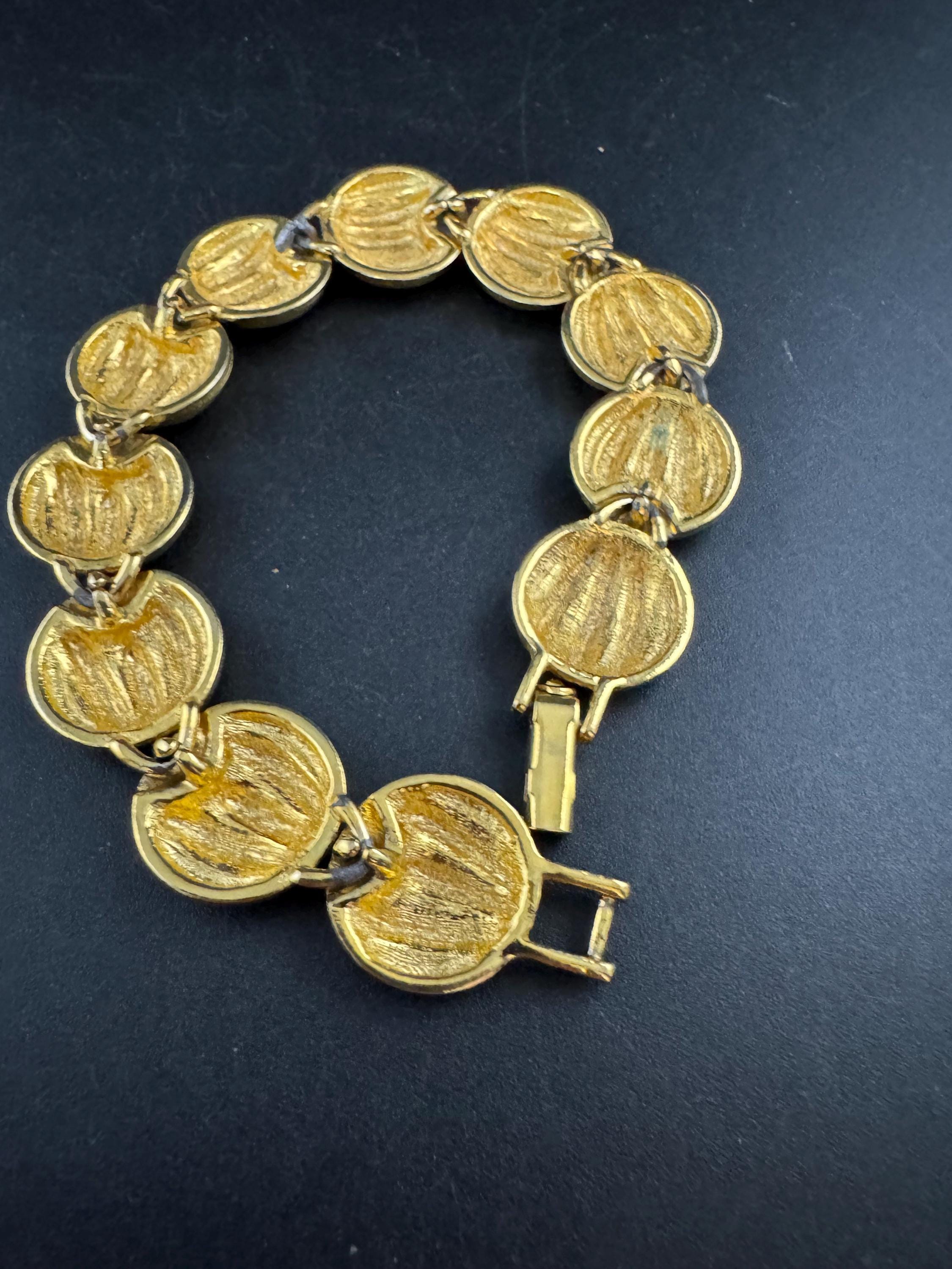 Vintage round panel link bracelet, gold tone stamped