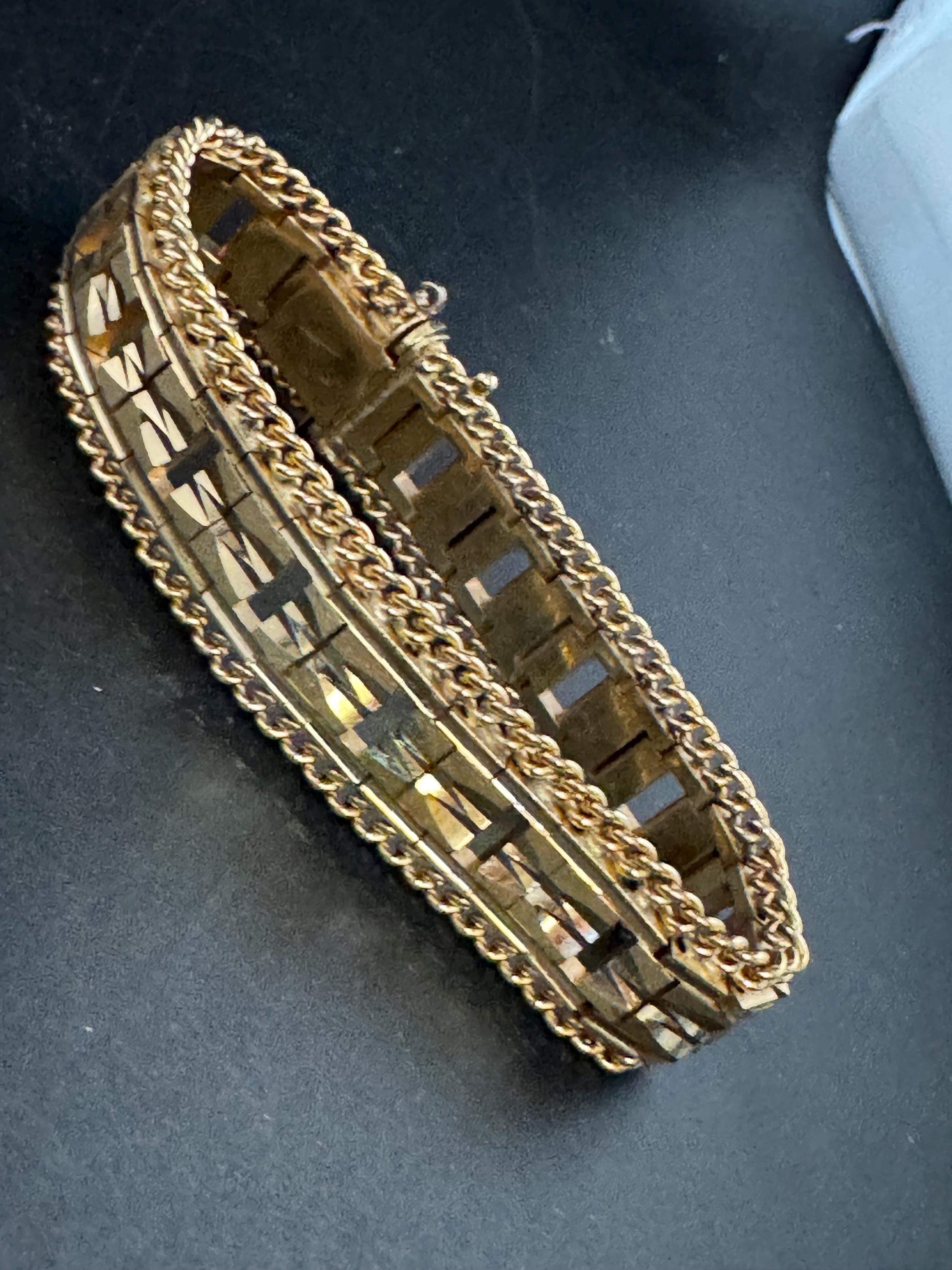 1970s flat wide etched bracelet, gold plated chain edged openwork