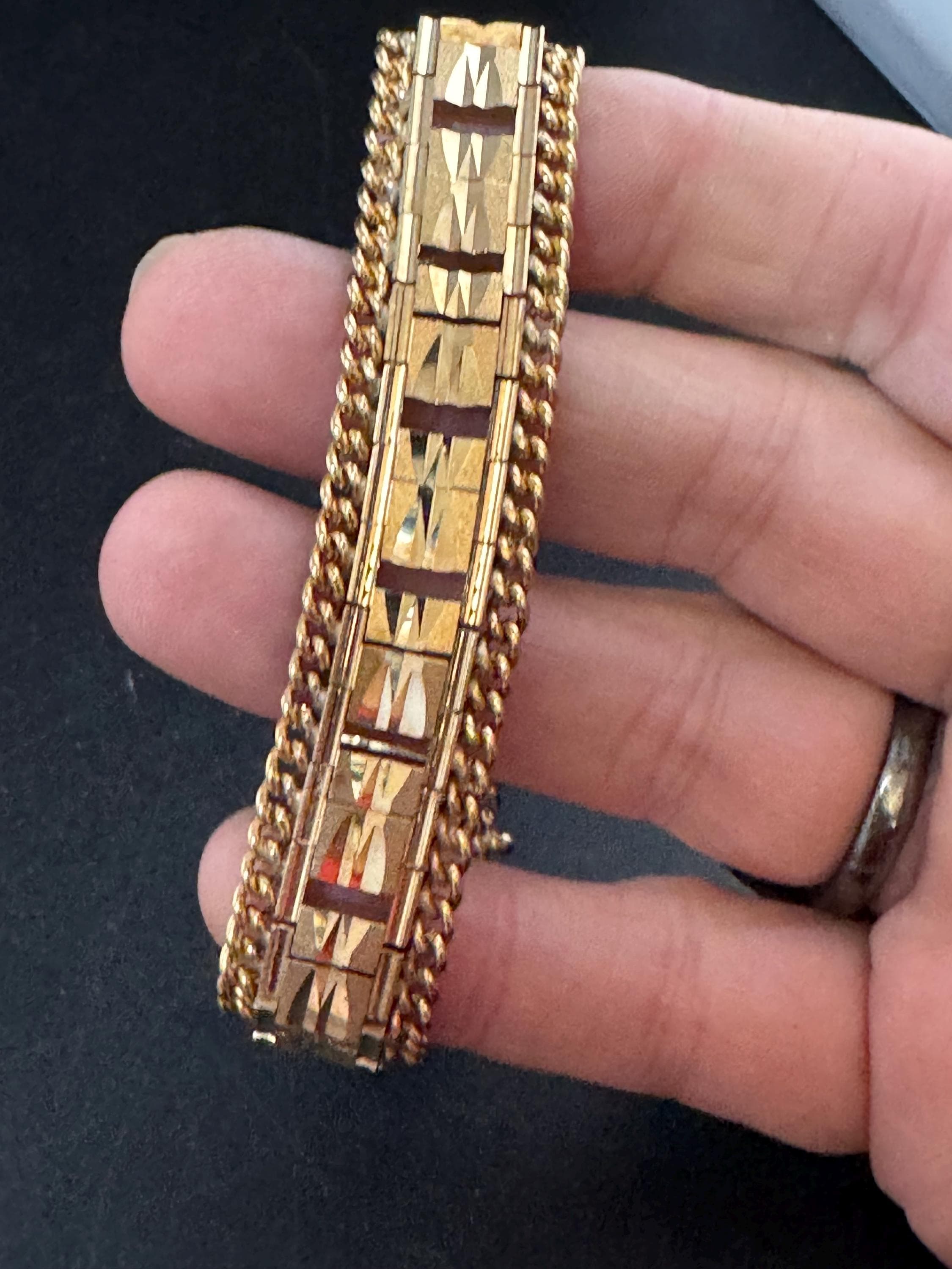 1970s flat wide etched bracelet, gold plated chain edged openwork