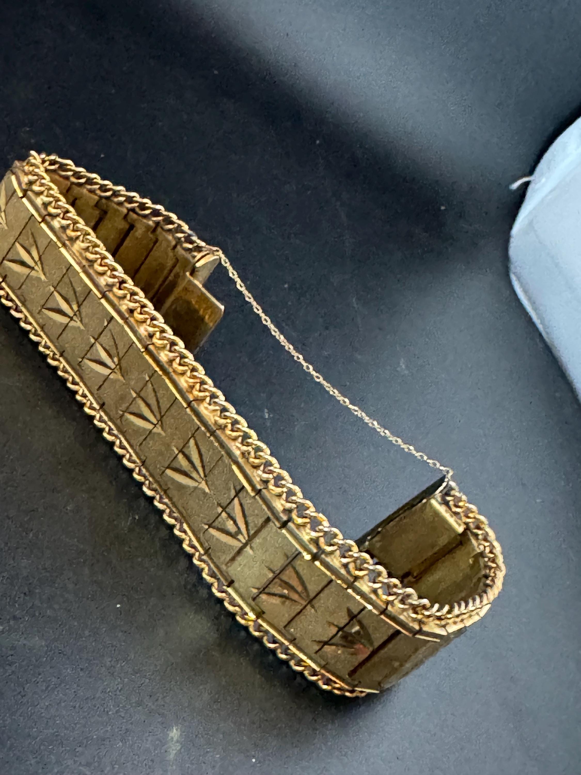 1970s flat wide etched bracelet, gold plated chain edged with safety chain