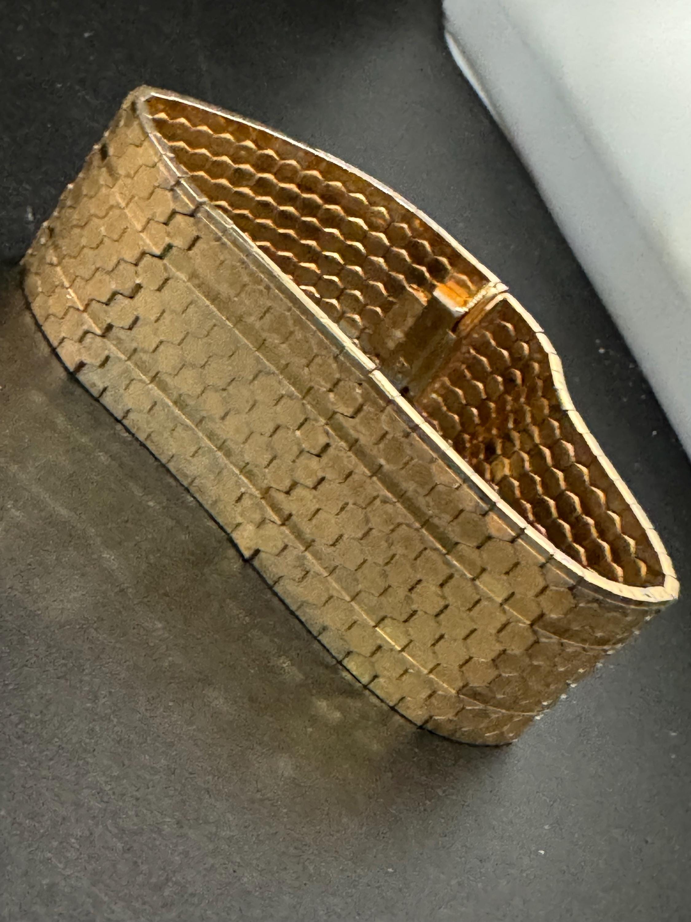 1970s 18k GP flat wide articulated cuff bracelet, Italian gold plated with wear