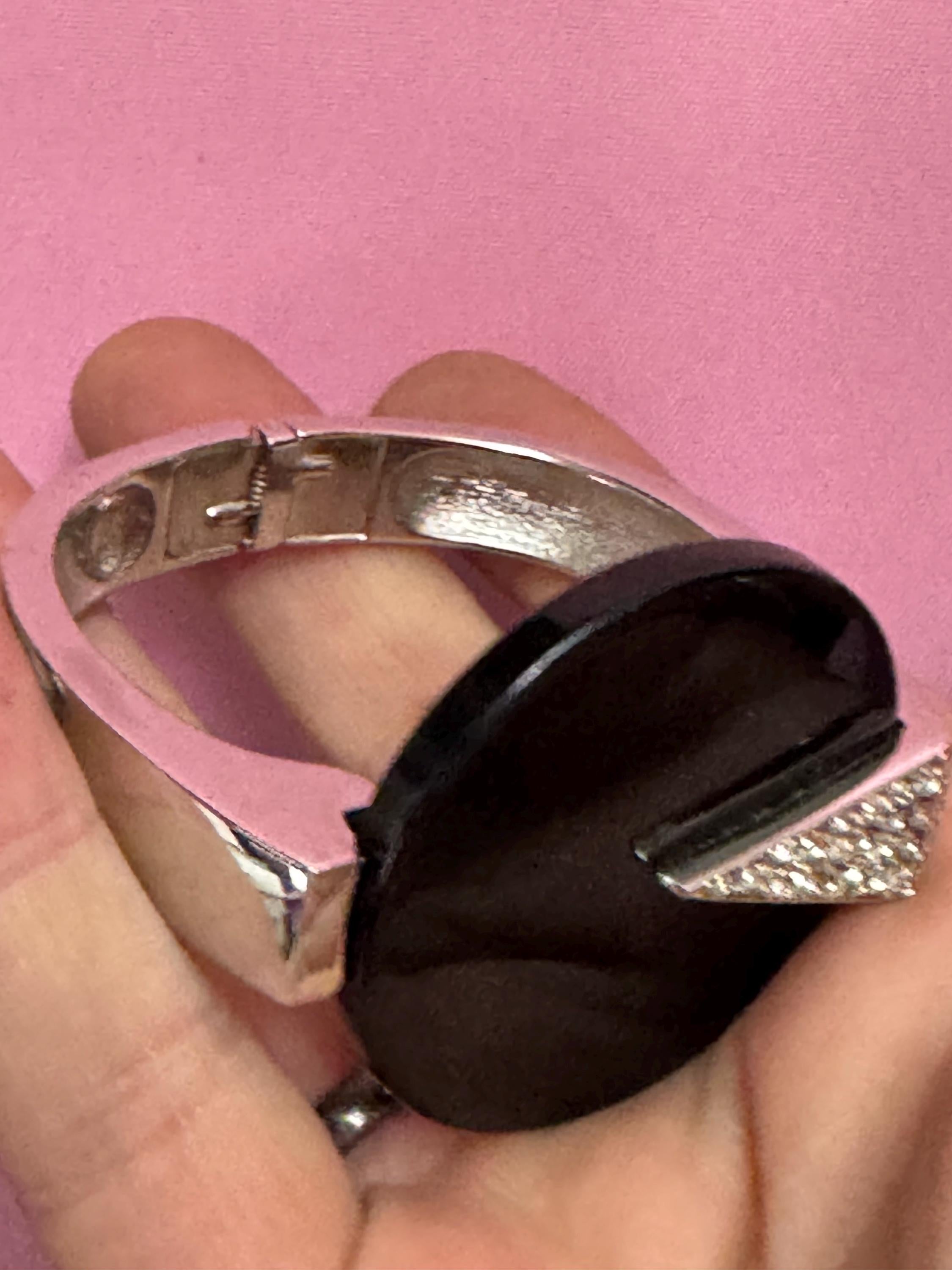 Vintage Trifari Rhinestone Clamper Bangle, Black Acrylic Art Deco Cuff