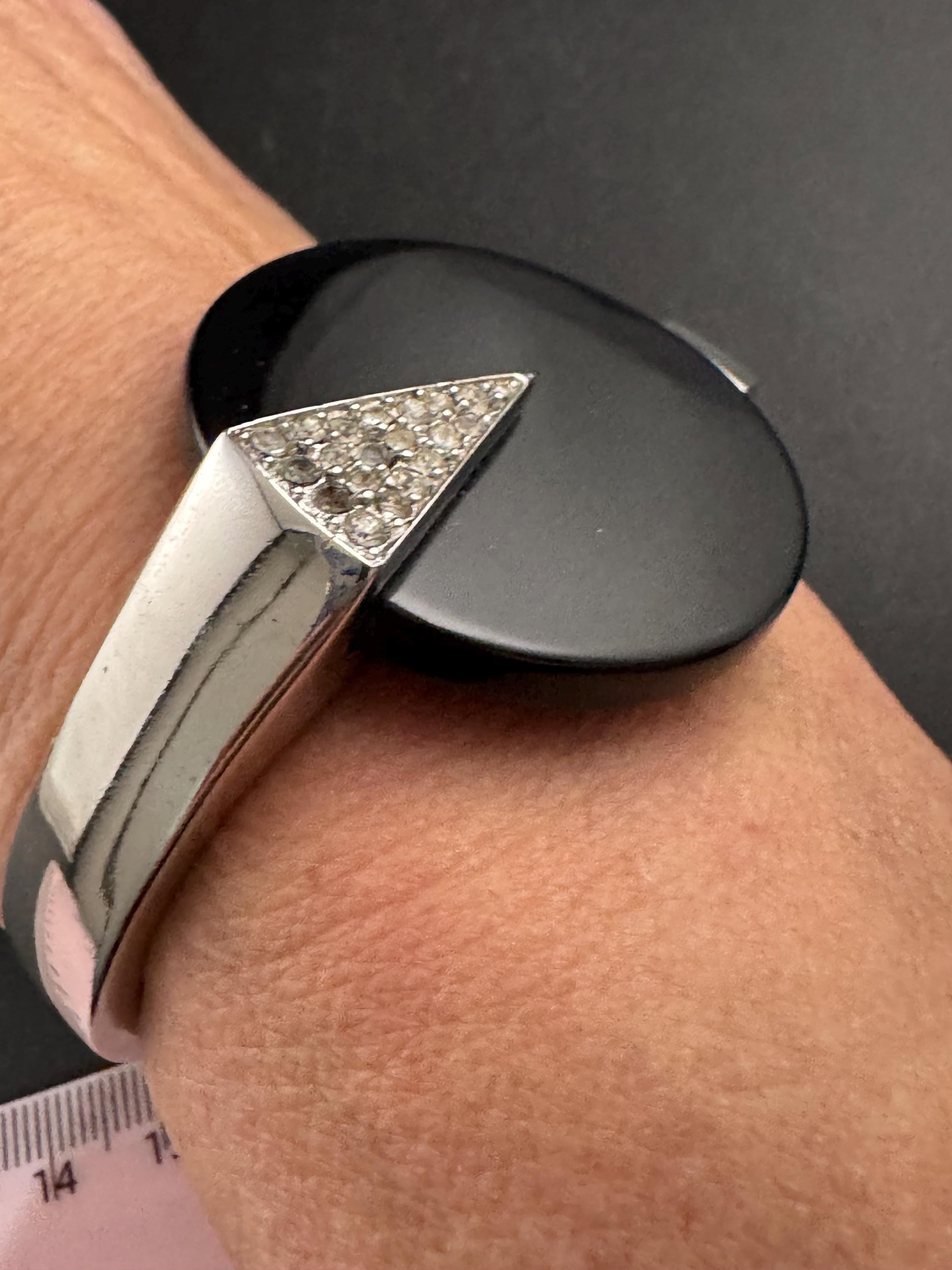 Vintage Trifari Rhinestone Clamper Bangle, Black Acrylic Art Deco Cuff