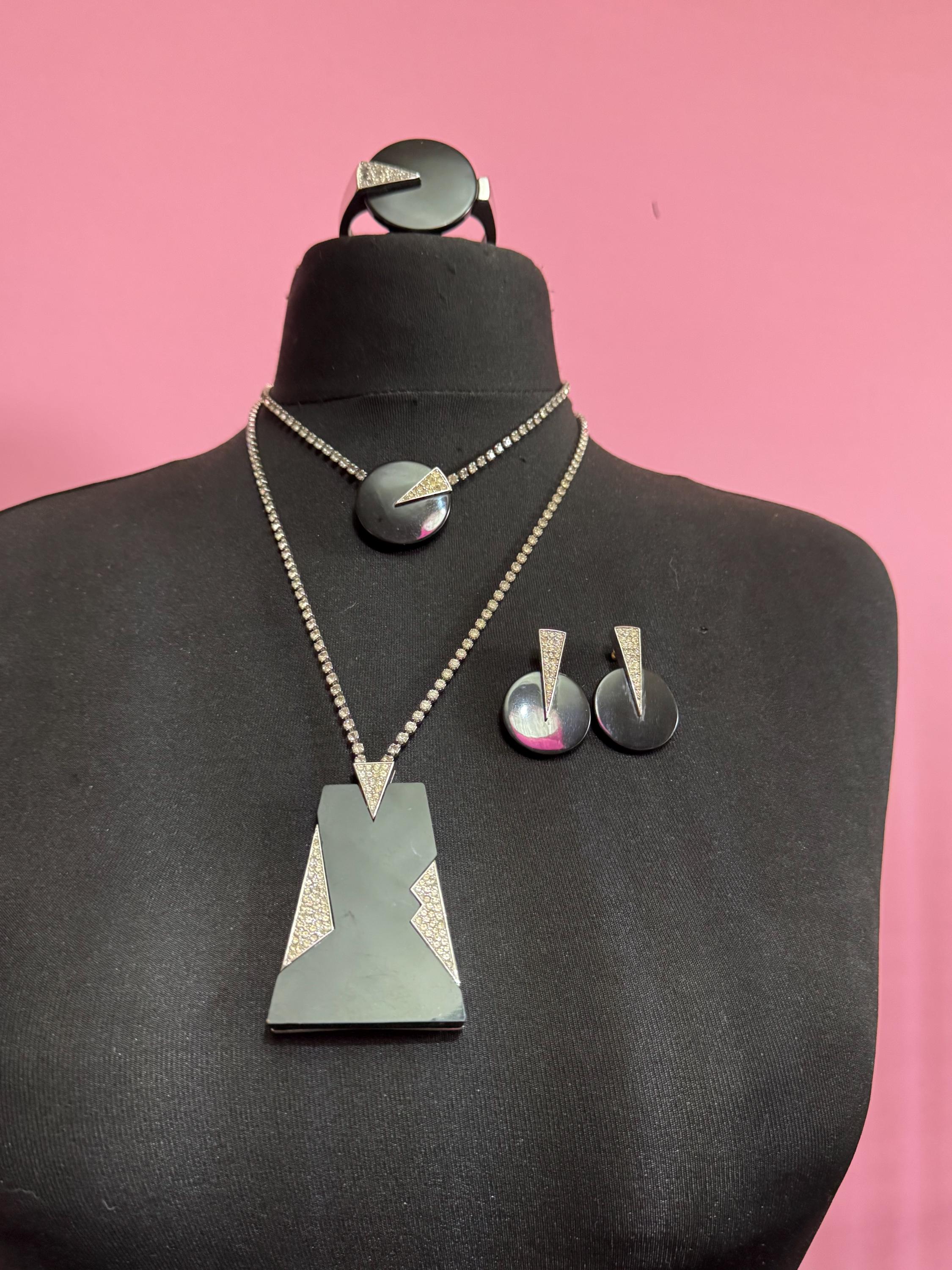 Vintage Trifari Rhinestone Clamper Bangle, Black Acrylic Art Deco Cuff