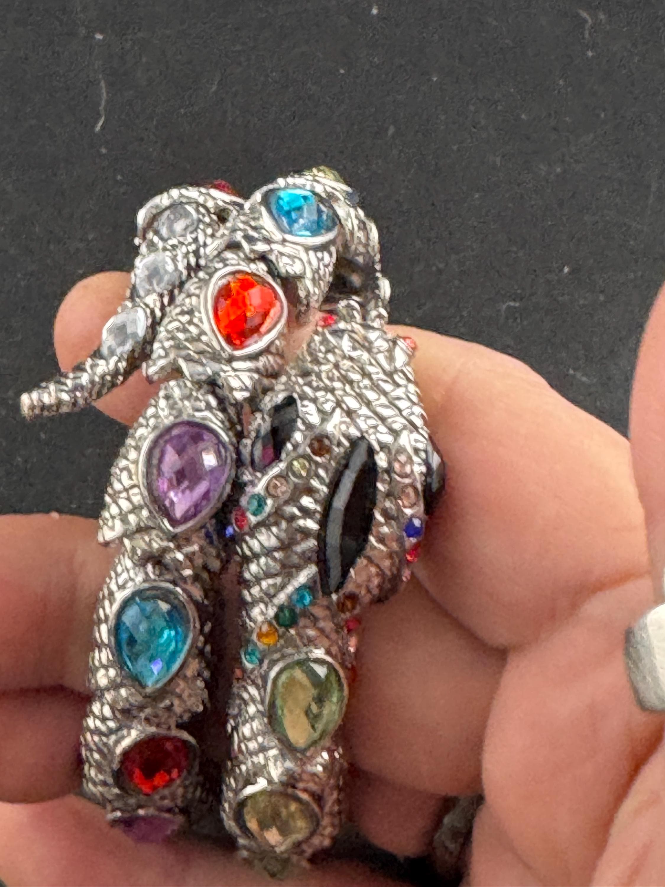 Silver wrap Snake Bangle, Vintage Bracelet with rainbow crystal stones