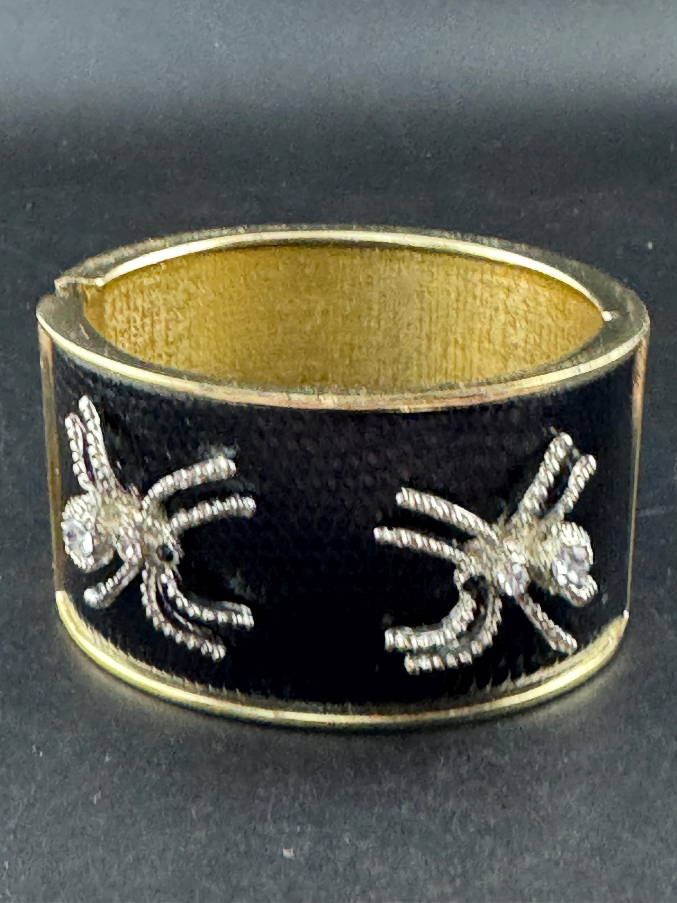 Wide spider Clamper Bangle: Black with Diamanté Crystals, Gold Tone