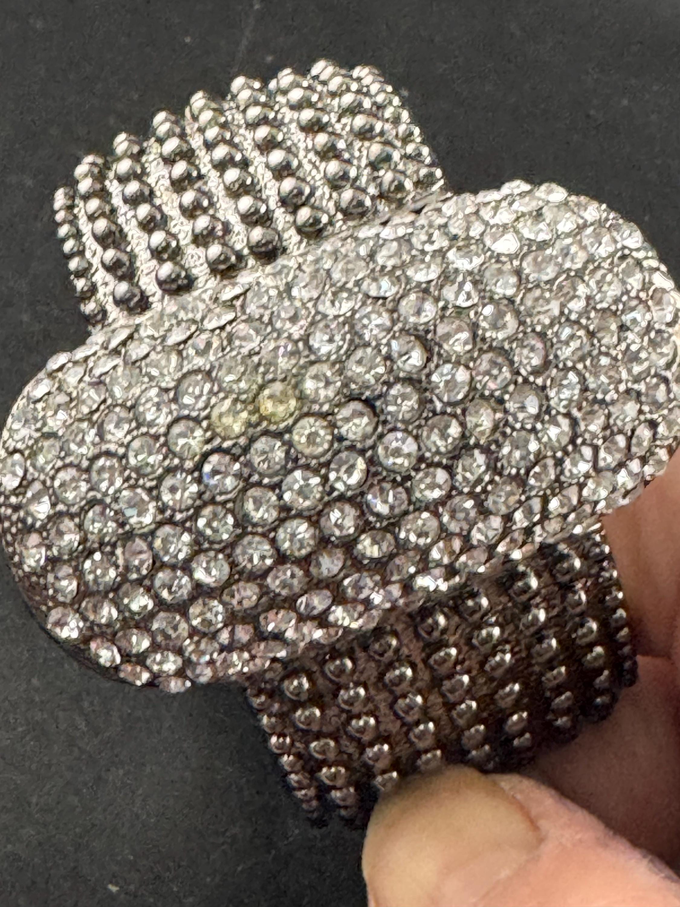 clear diamanté hinged clamper bangle, Vintage wide chunky dark silver tone