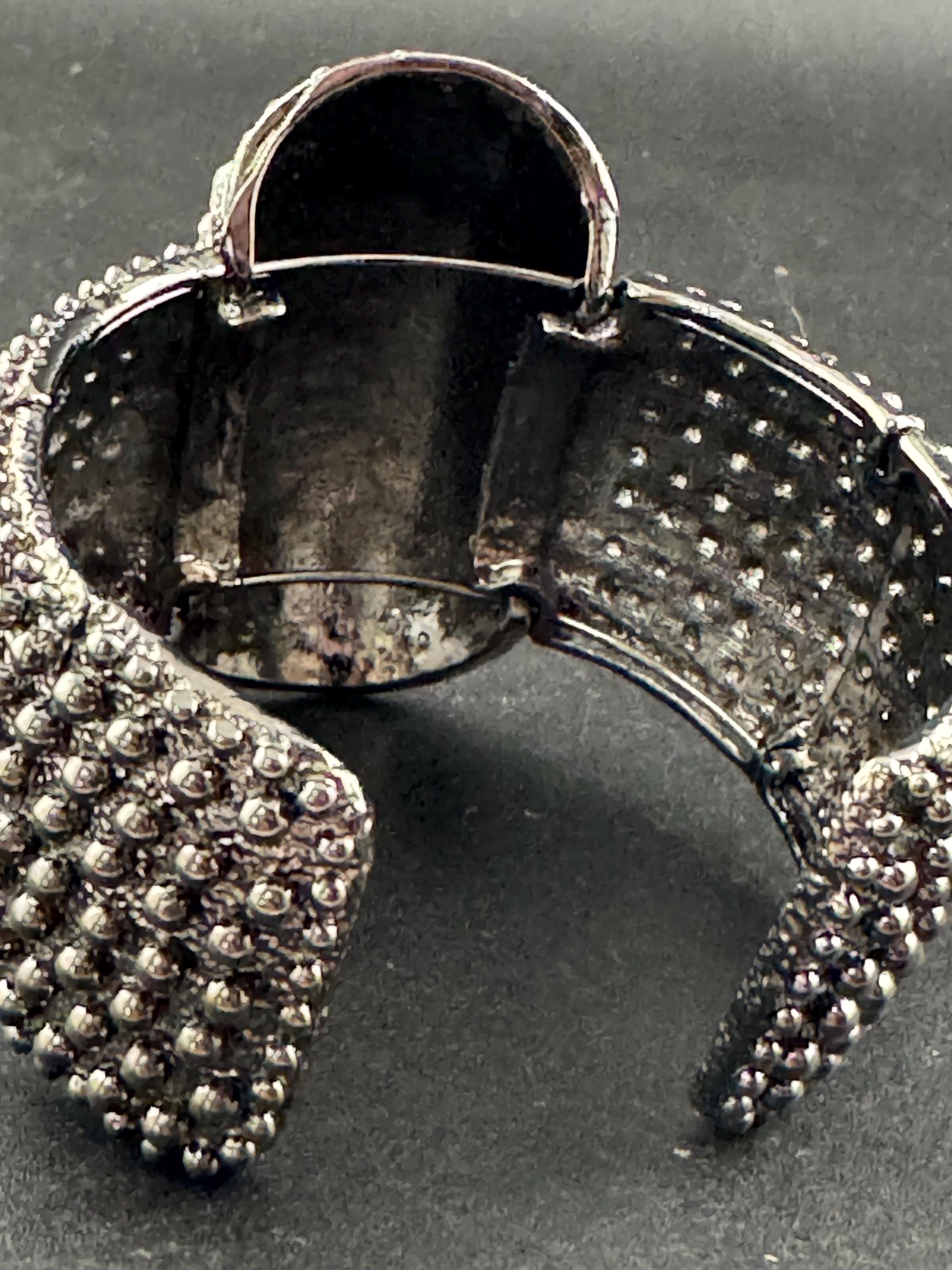 clear diamanté hinged clamper bangle, Vintage wide chunky dark silver tone