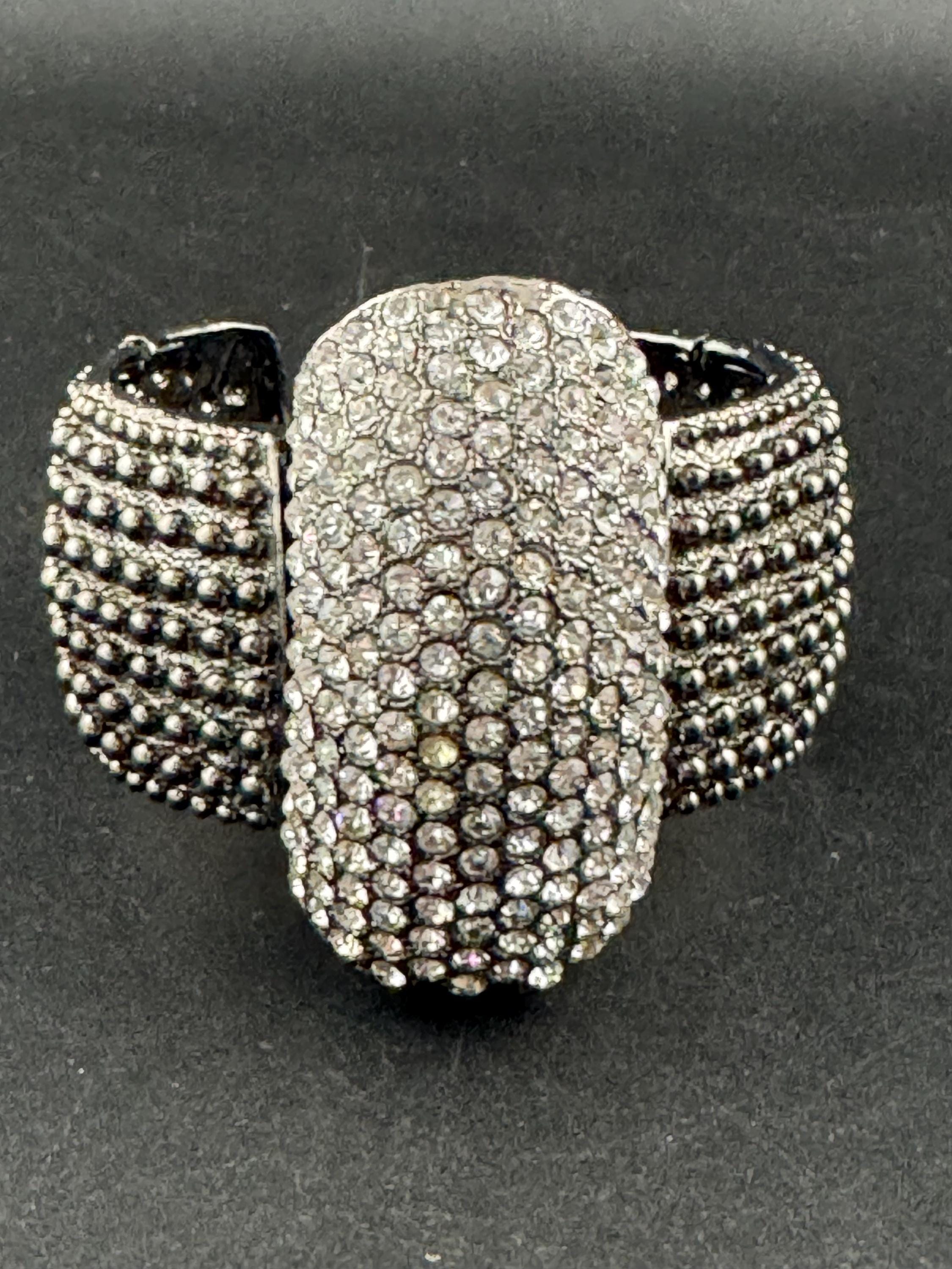 clear diamanté hinged clamper bangle, Vintage wide chunky dark silver tone