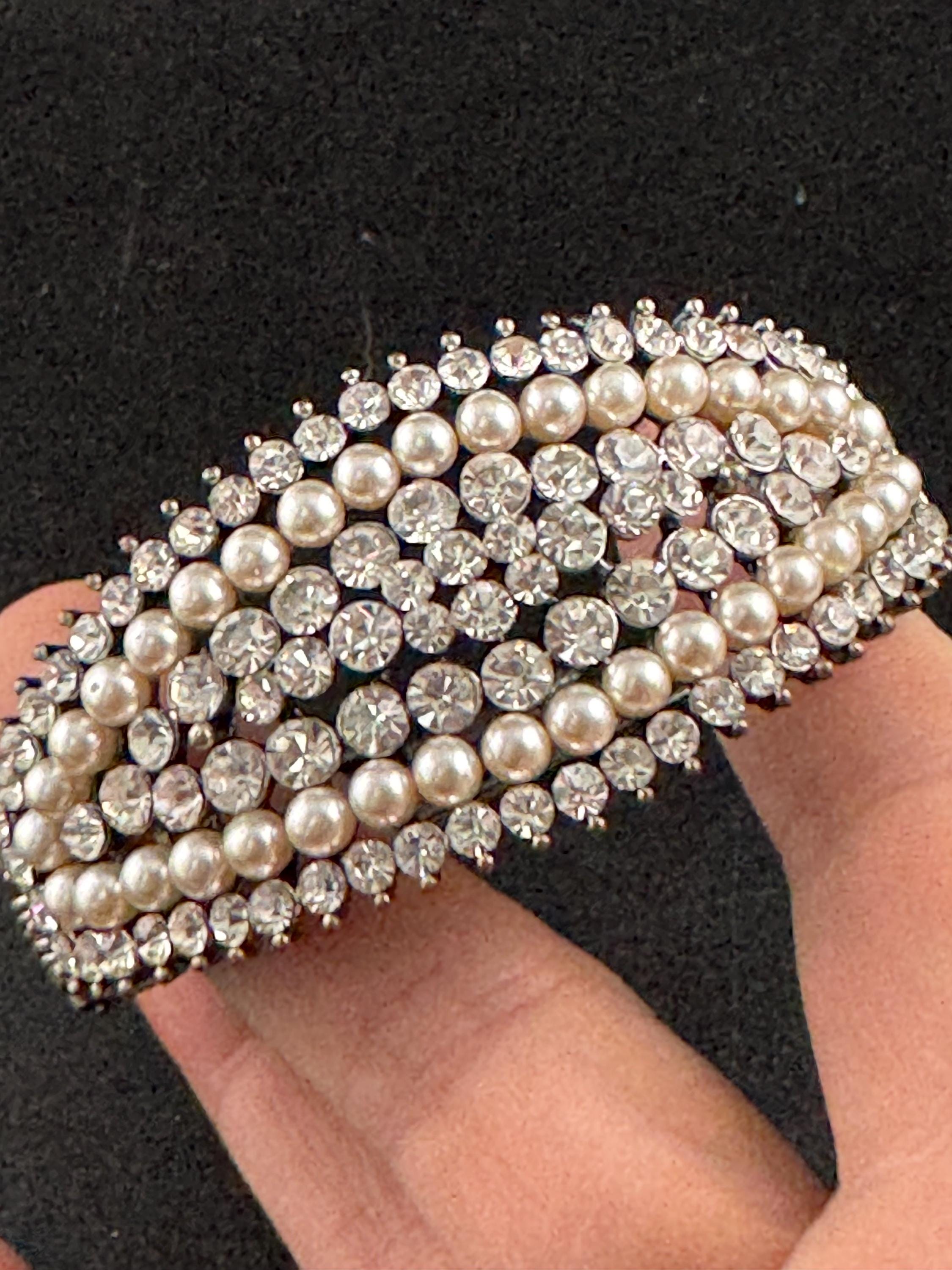 Pearl and diamanté hinged clamper bangle, Vintage wide chunky silver tone