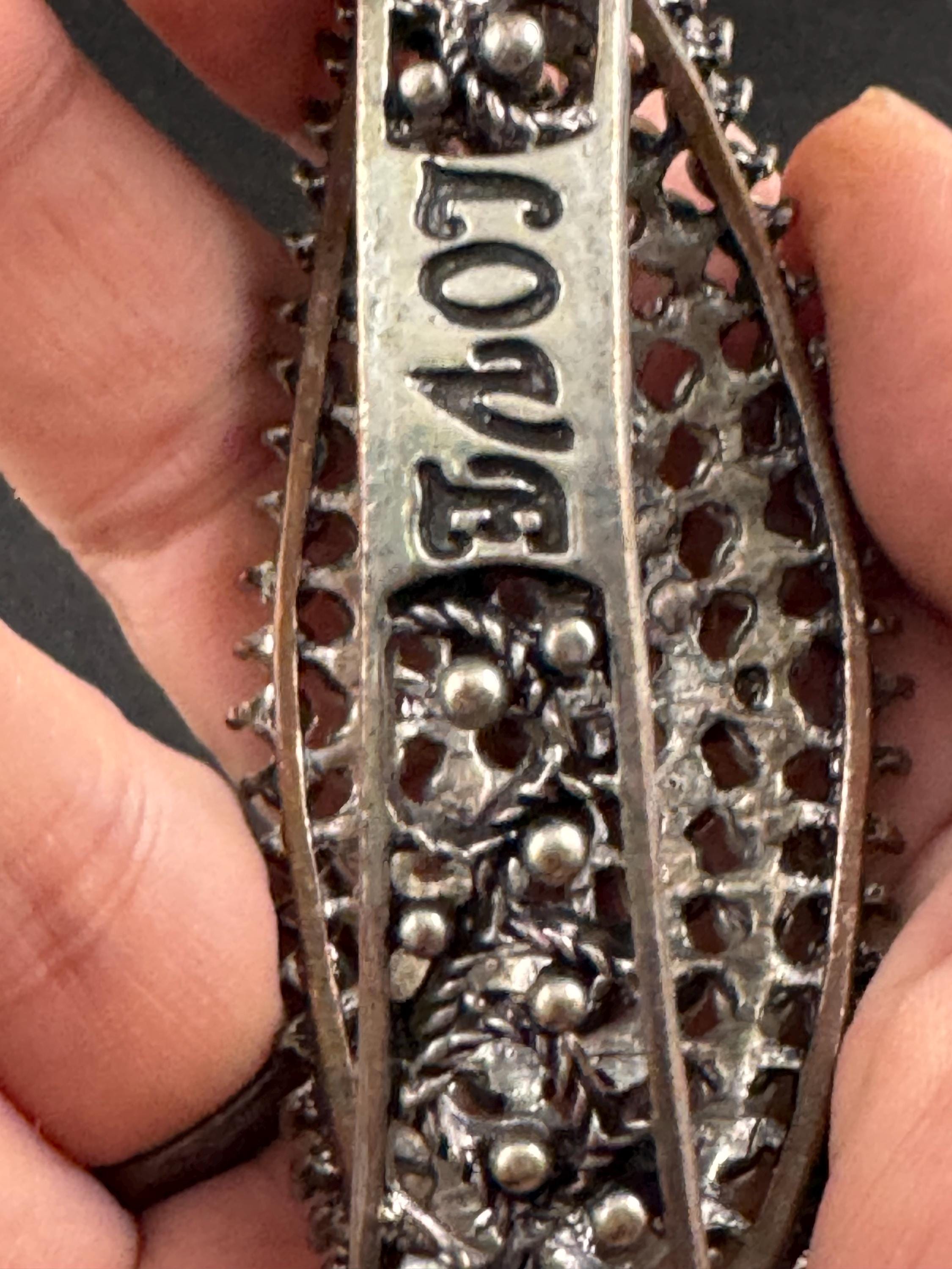 Pearl and diamanté hinged clamper bangle, Vintage wide chunky silver tone