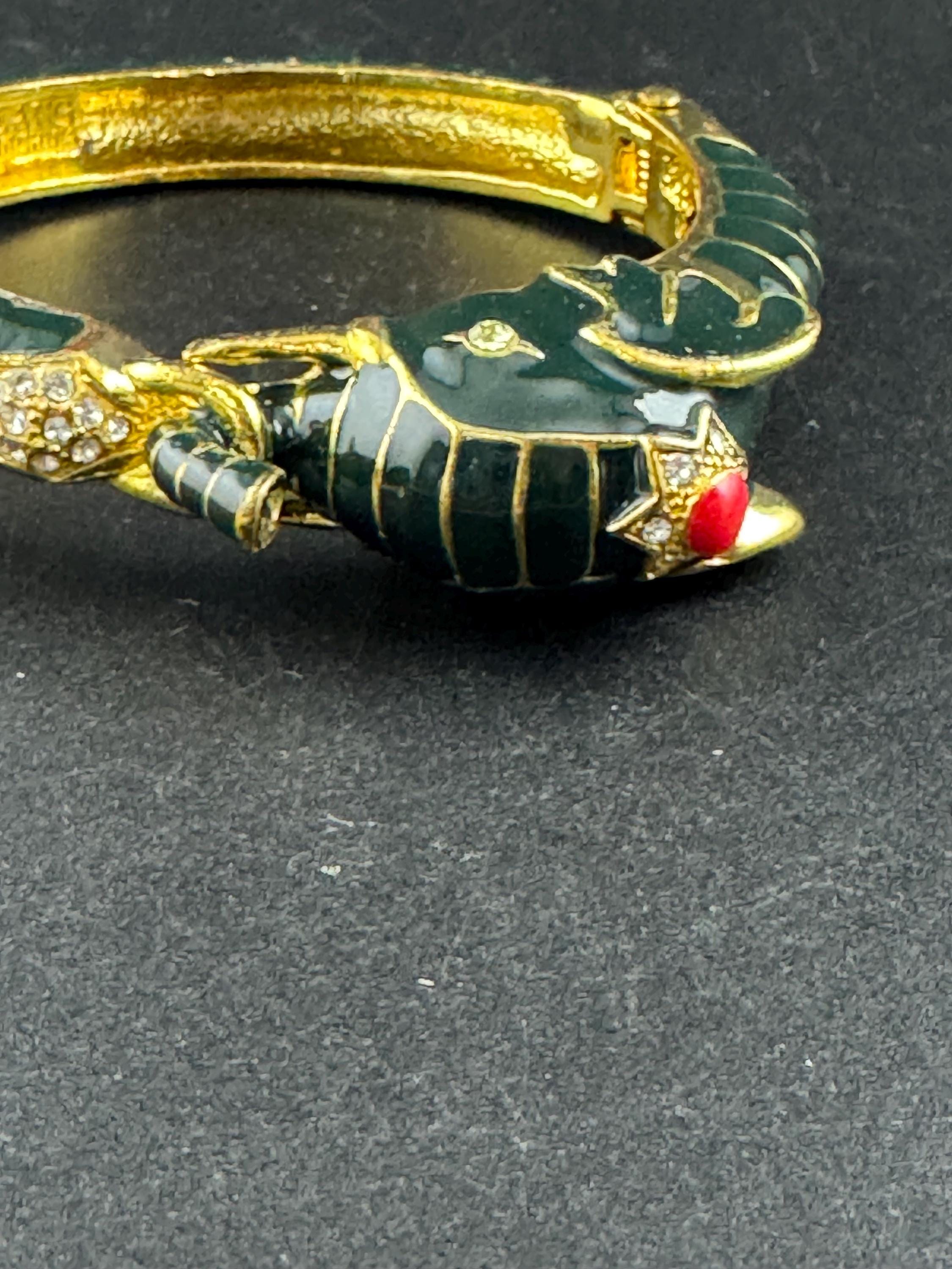 Green Enamel Elephant Bangle, gold tone clamper bracelet