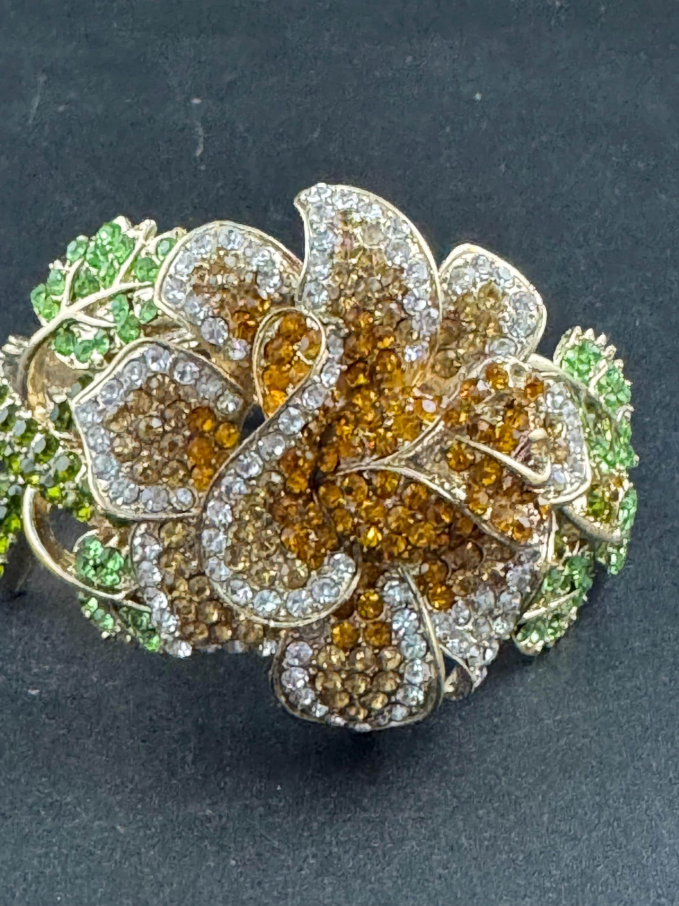 Floral diamanté Clamper Bangle, brown green crystal gold tone rhinestone Bracelet.