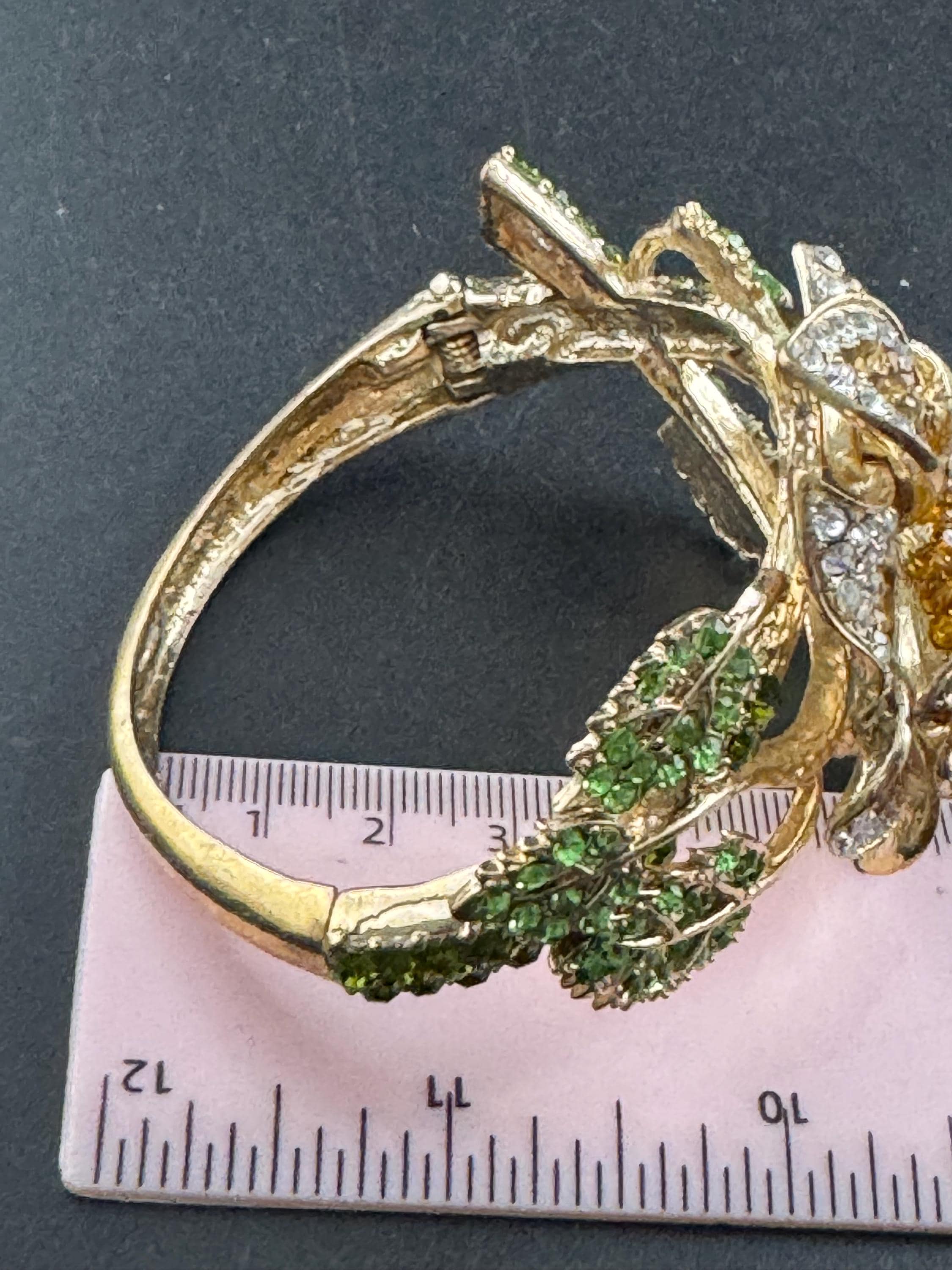 Floral diamanté Clamper Bangle, brown green crystal gold tone rhinestone Bracelet.