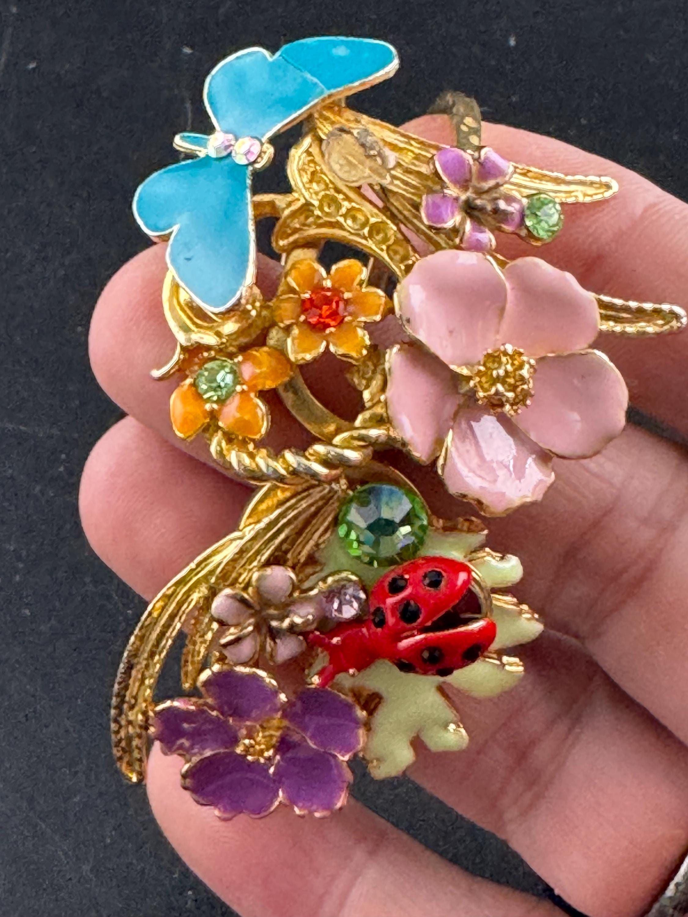 Whimsical enamel Clamper Bangle, blue pink crystal ladybird butterfly bracelet