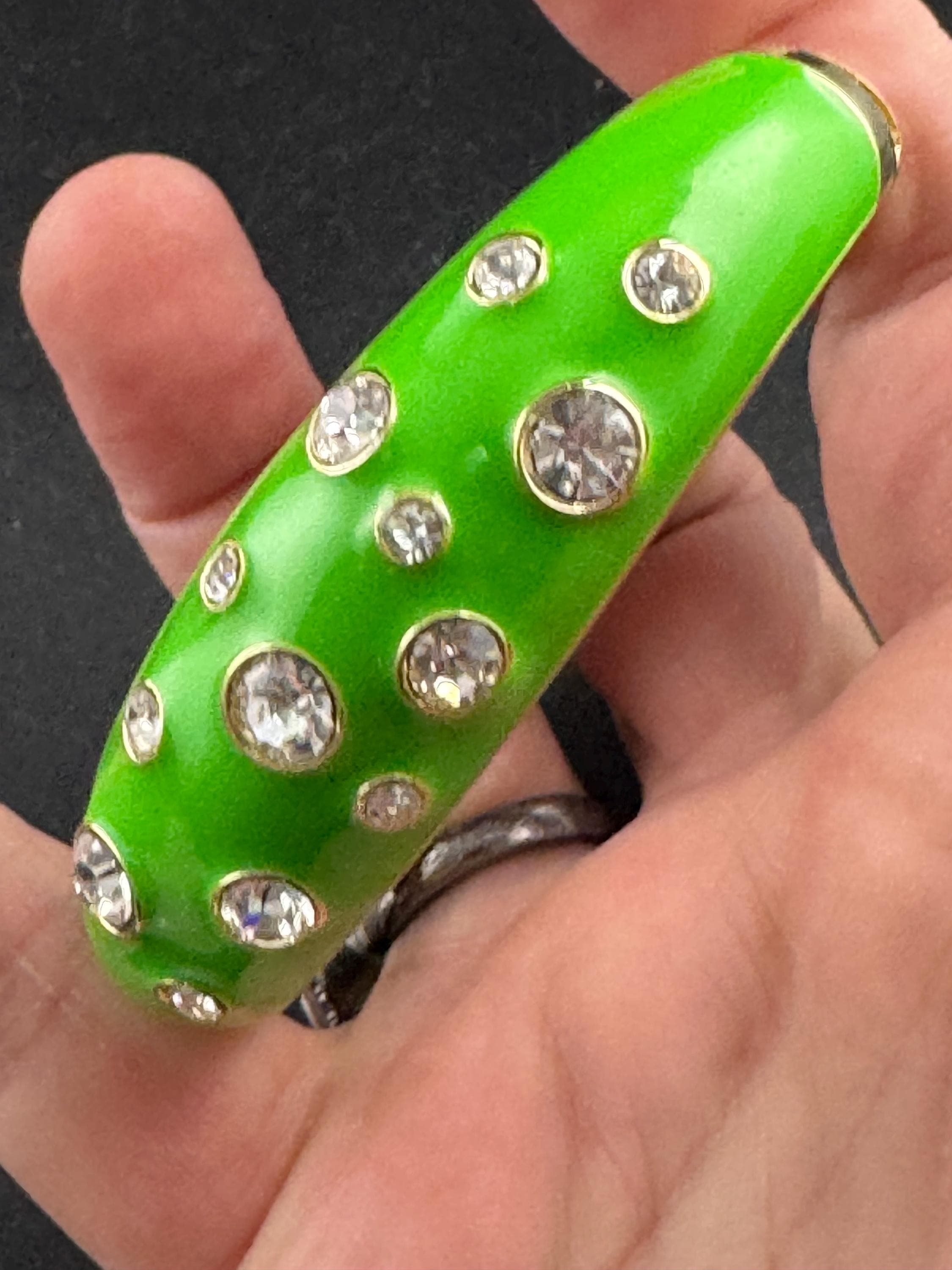 Bright green enamel Clamper Bangle, gold rhinestone Bracelet.