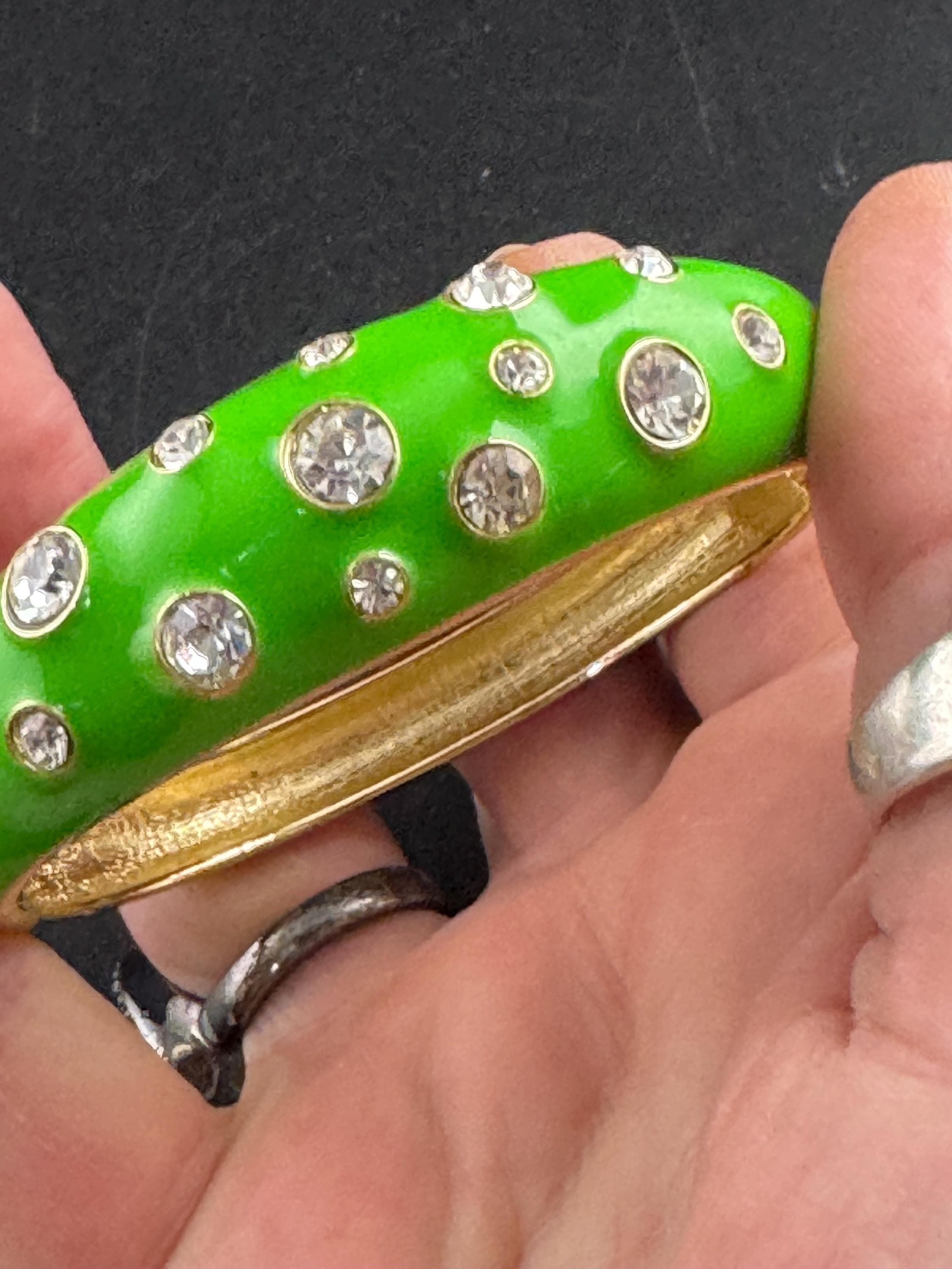 Bright green enamel Clamper Bangle, gold rhinestone Bracelet.