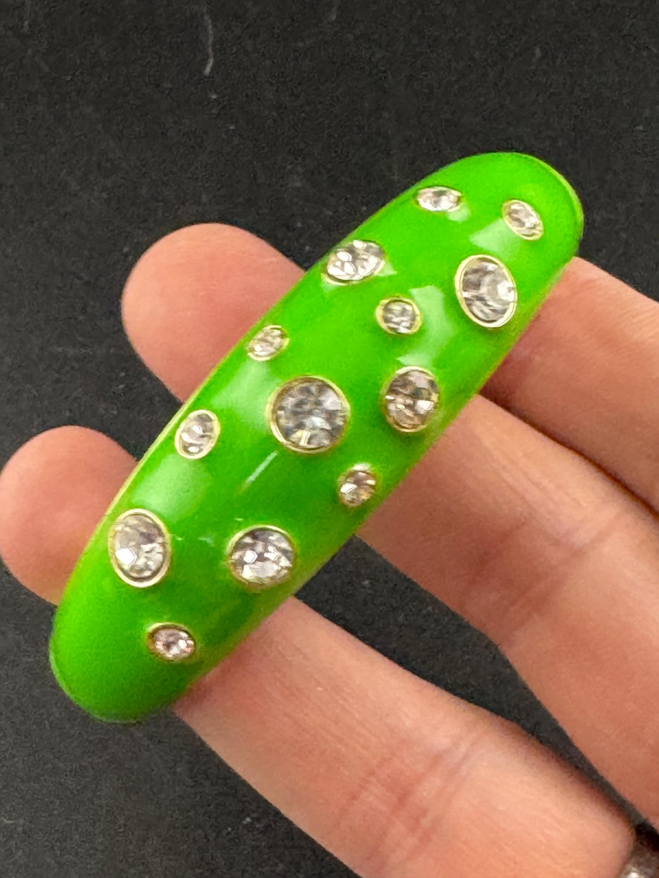 Bright green enamel Clamper Bangle, gold rhinestone Bracelet.