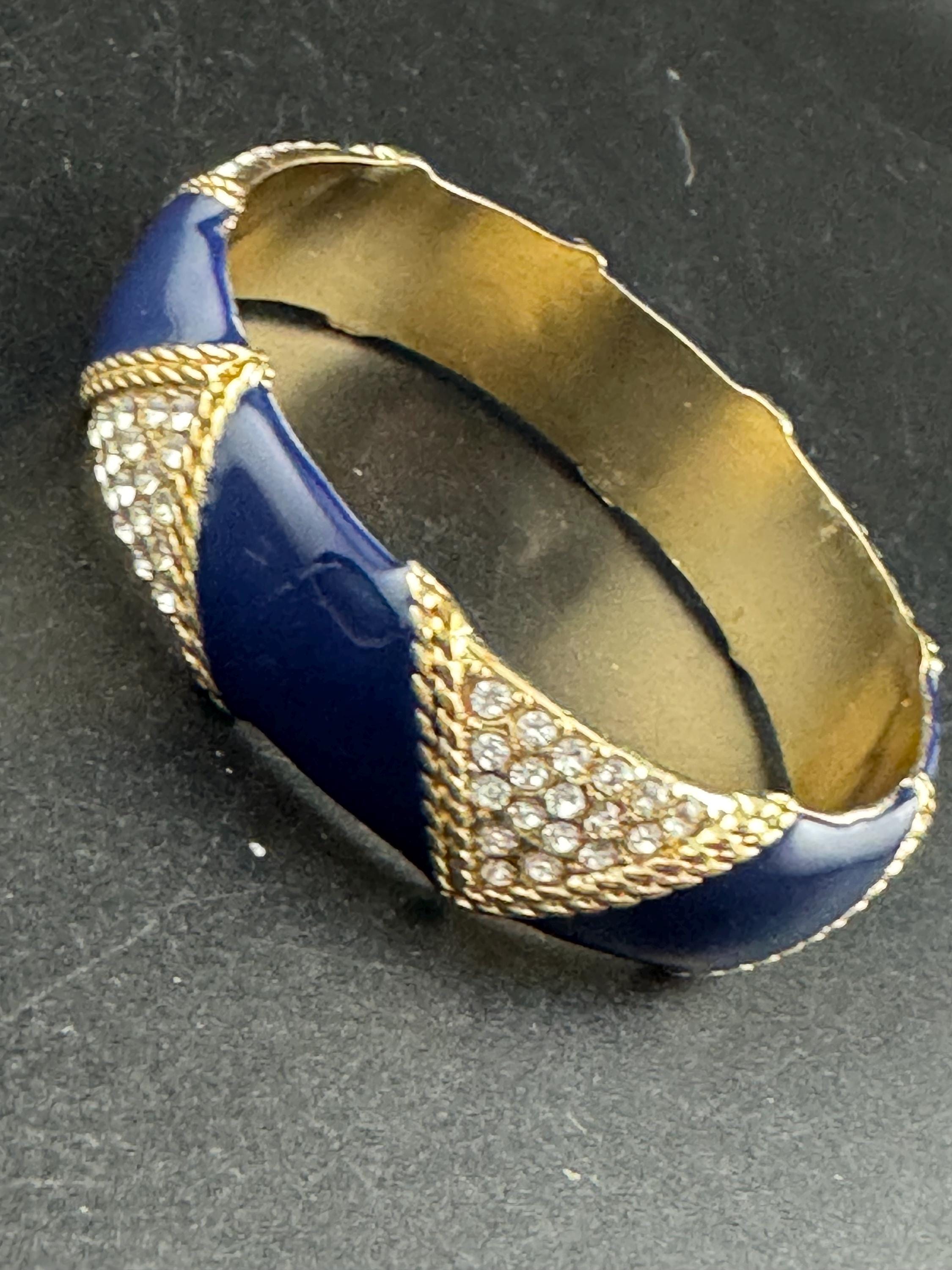 Navy blue enamel diamanté crystals, bangle, rhinestone cuff bracelet
