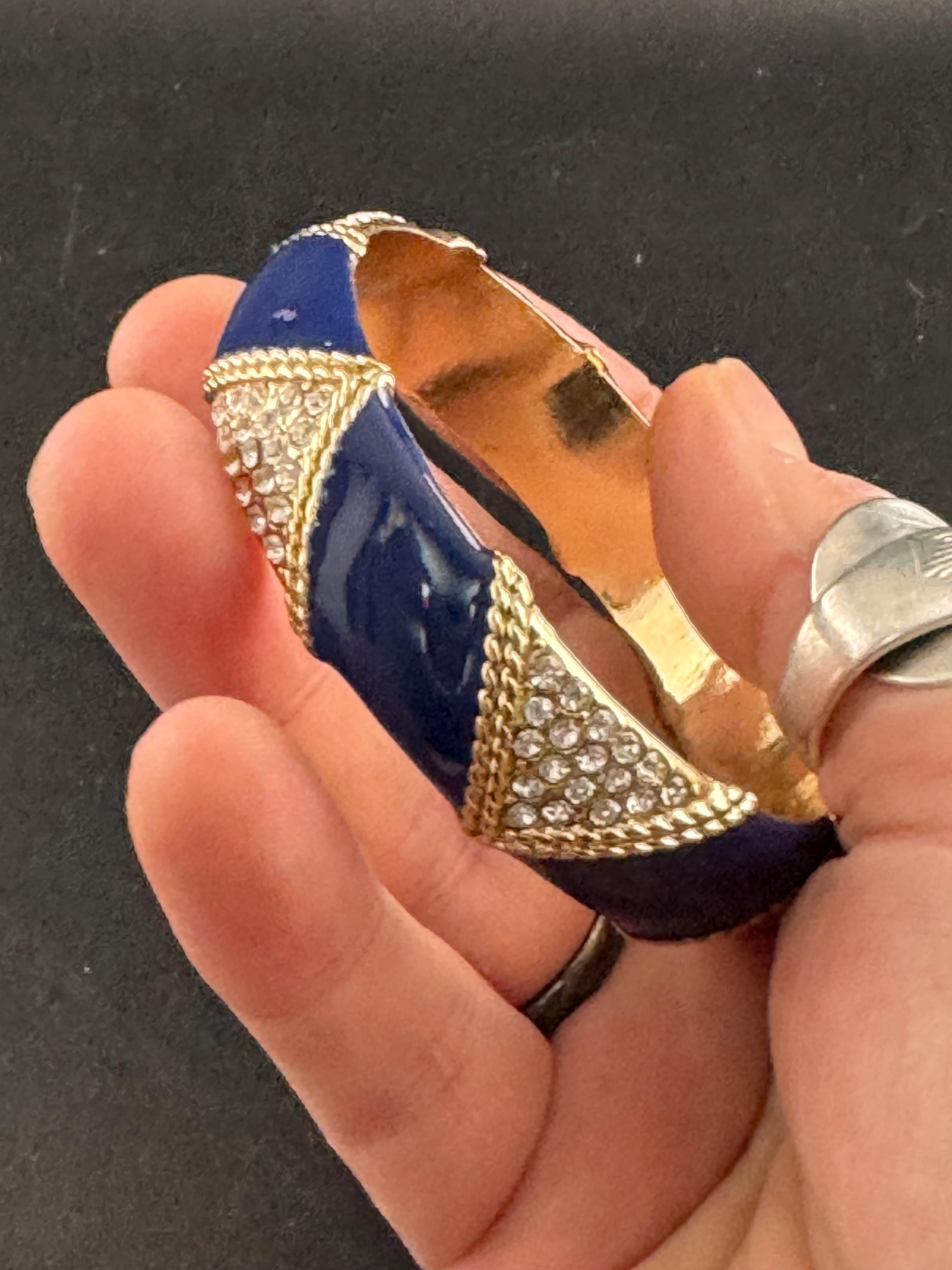 Navy blue enamel diamanté crystals, bangle, rhinestone cuff bracelet