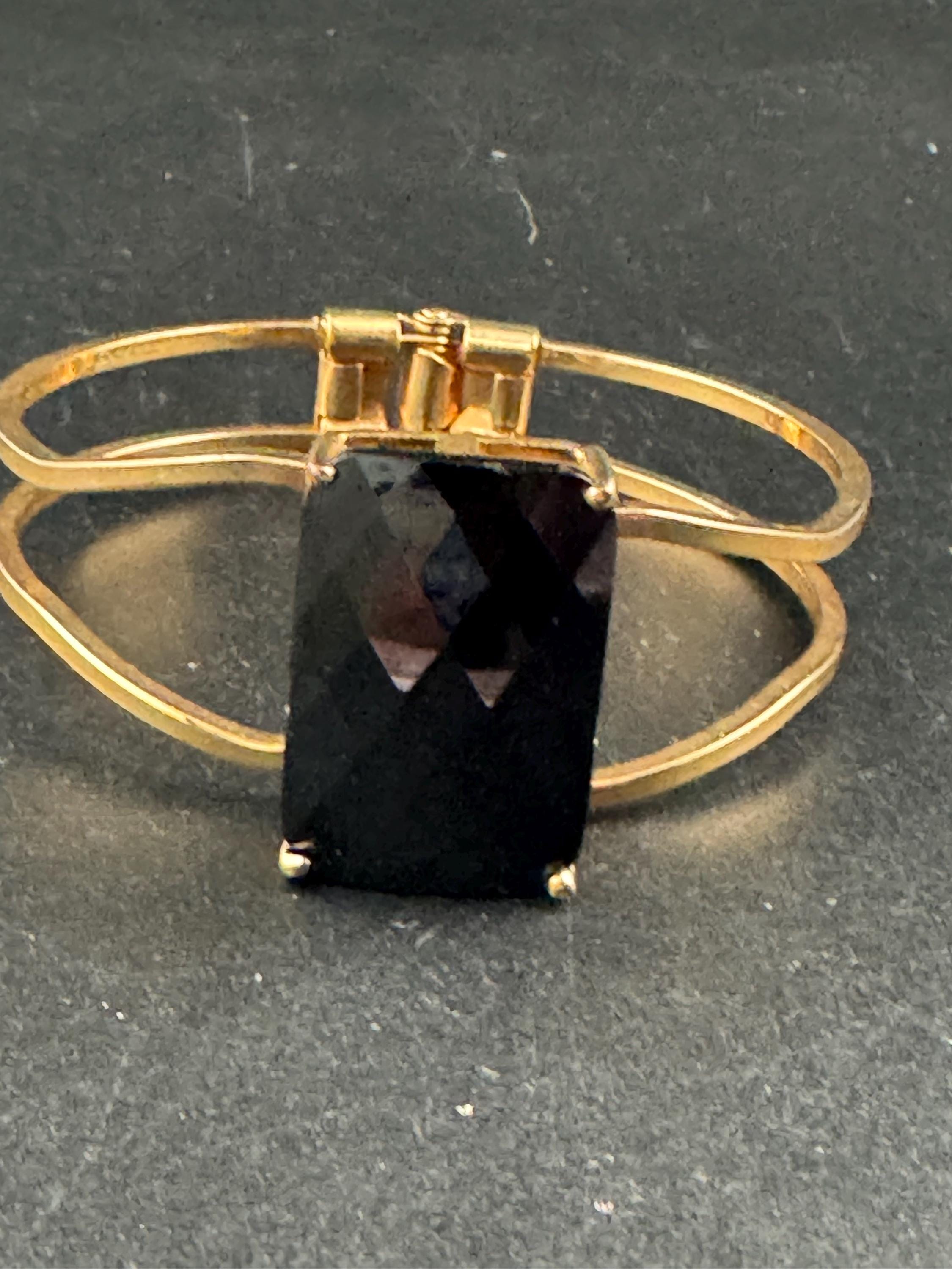 Black glass diamanté clamper bangle, gold tone geometric