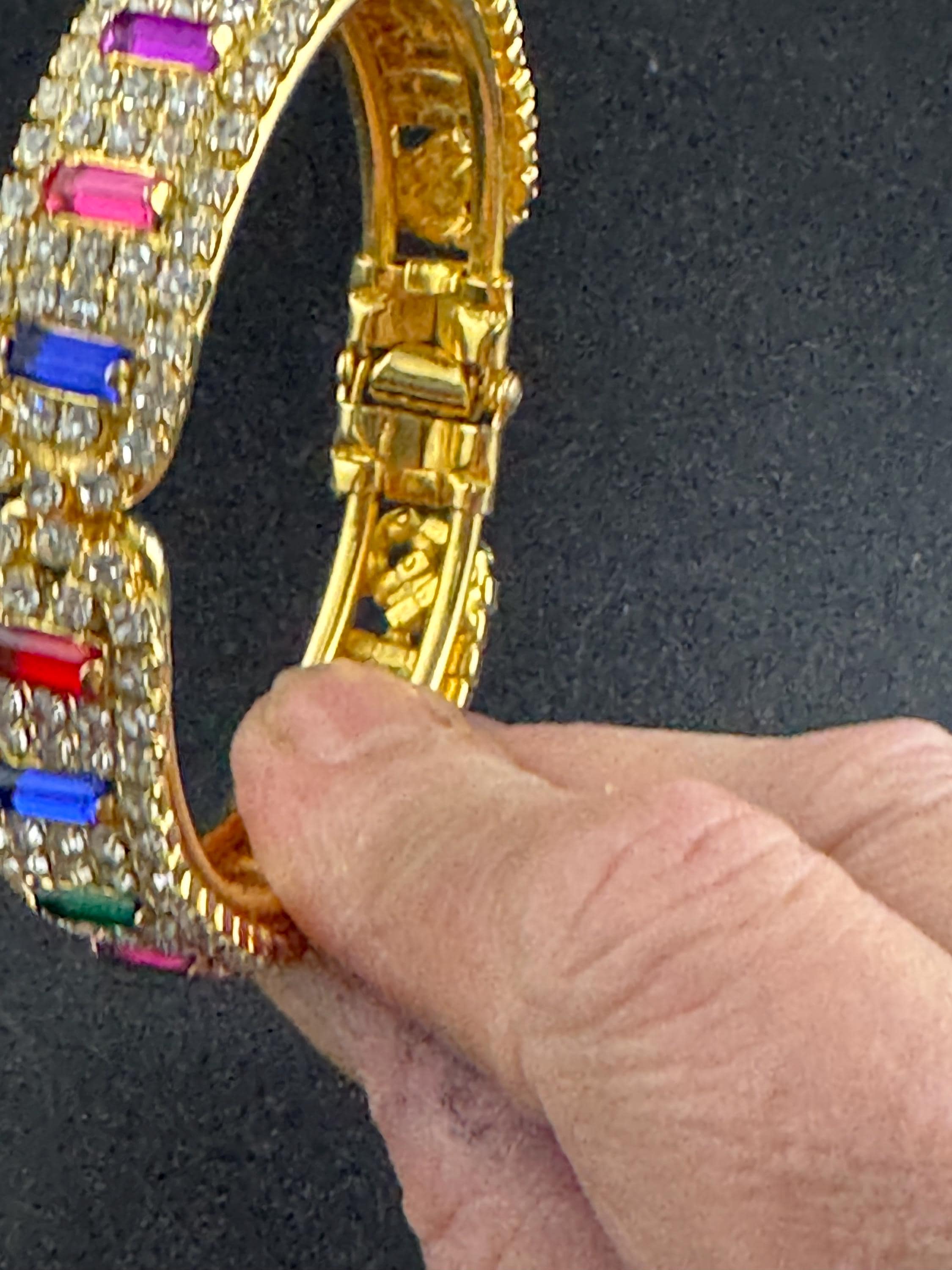 Rainbow diamanté crystal hinged clamper bangle, rhinestone bracelet red blue green