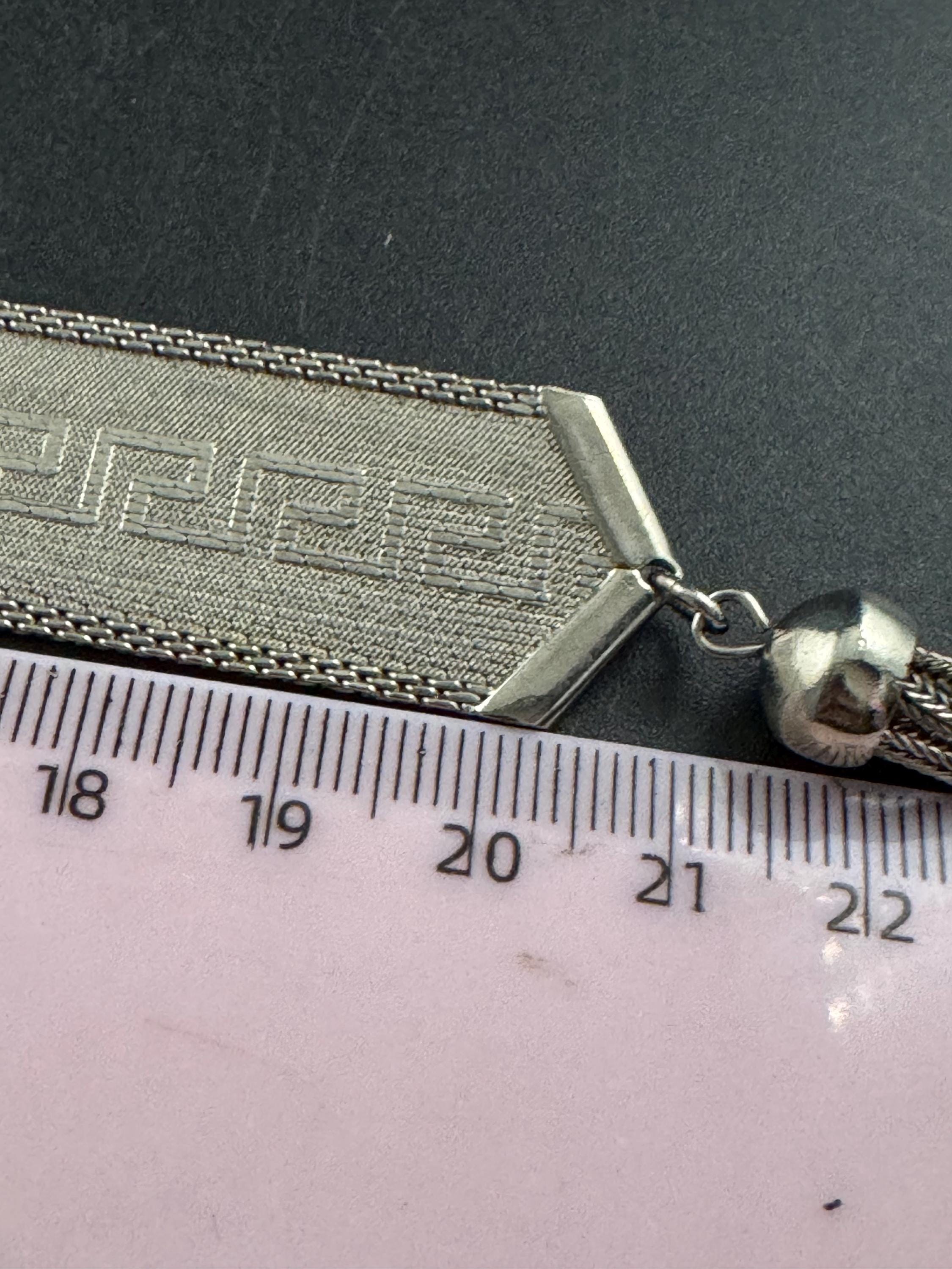 1970s GREEK KEY mesh tassel bracelet , silver plated vintage