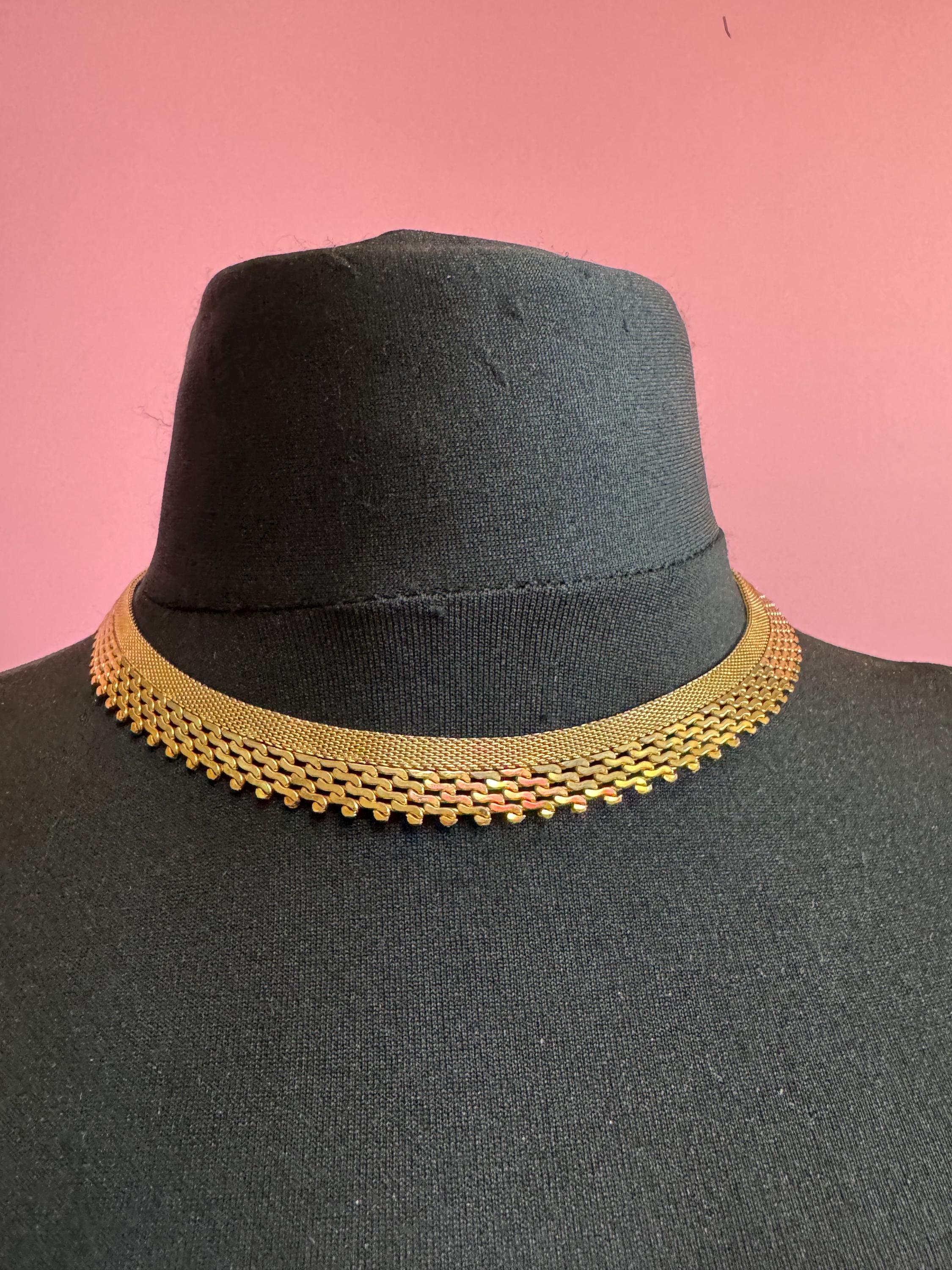 woven mesh gold choker necklace, Vintage 1960s modernist