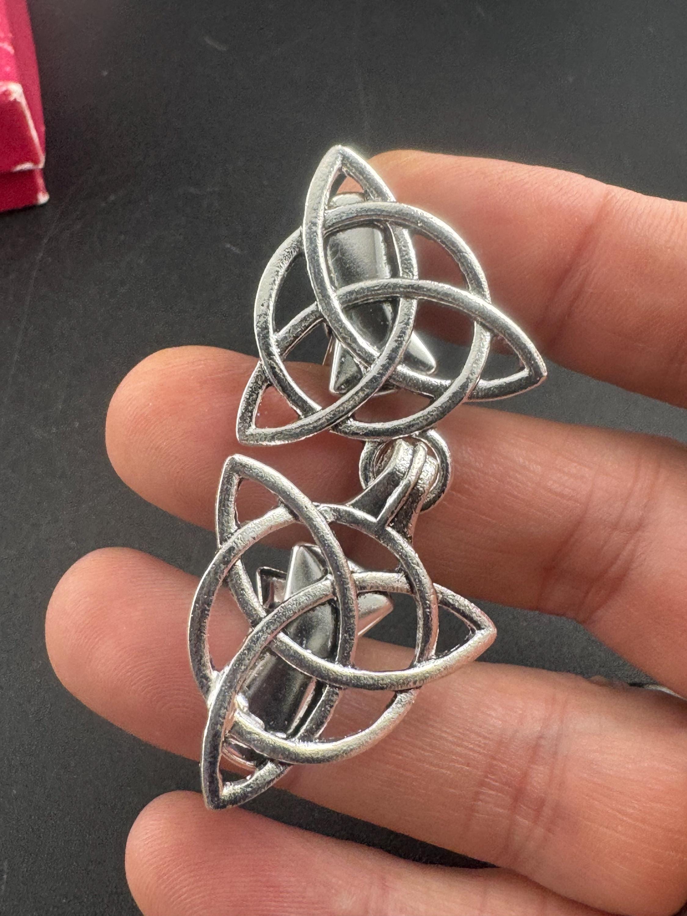 Silver cloak clip, Celtic Scottish style cardigan clasp, triangular double buckle cape clip