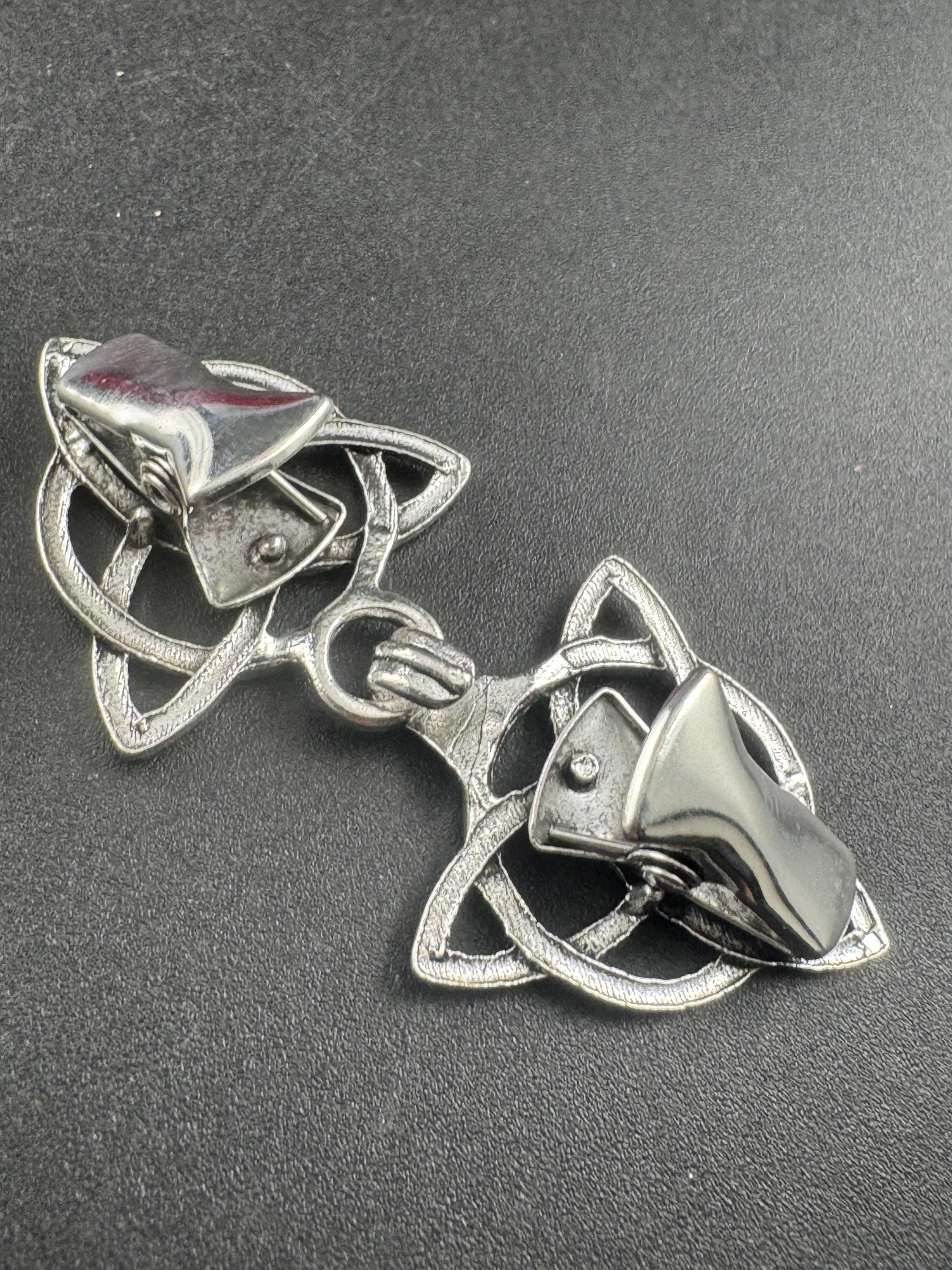 Silver cloak clip, Celtic Scottish style cardigan clasp, triangular double buckle cape clip