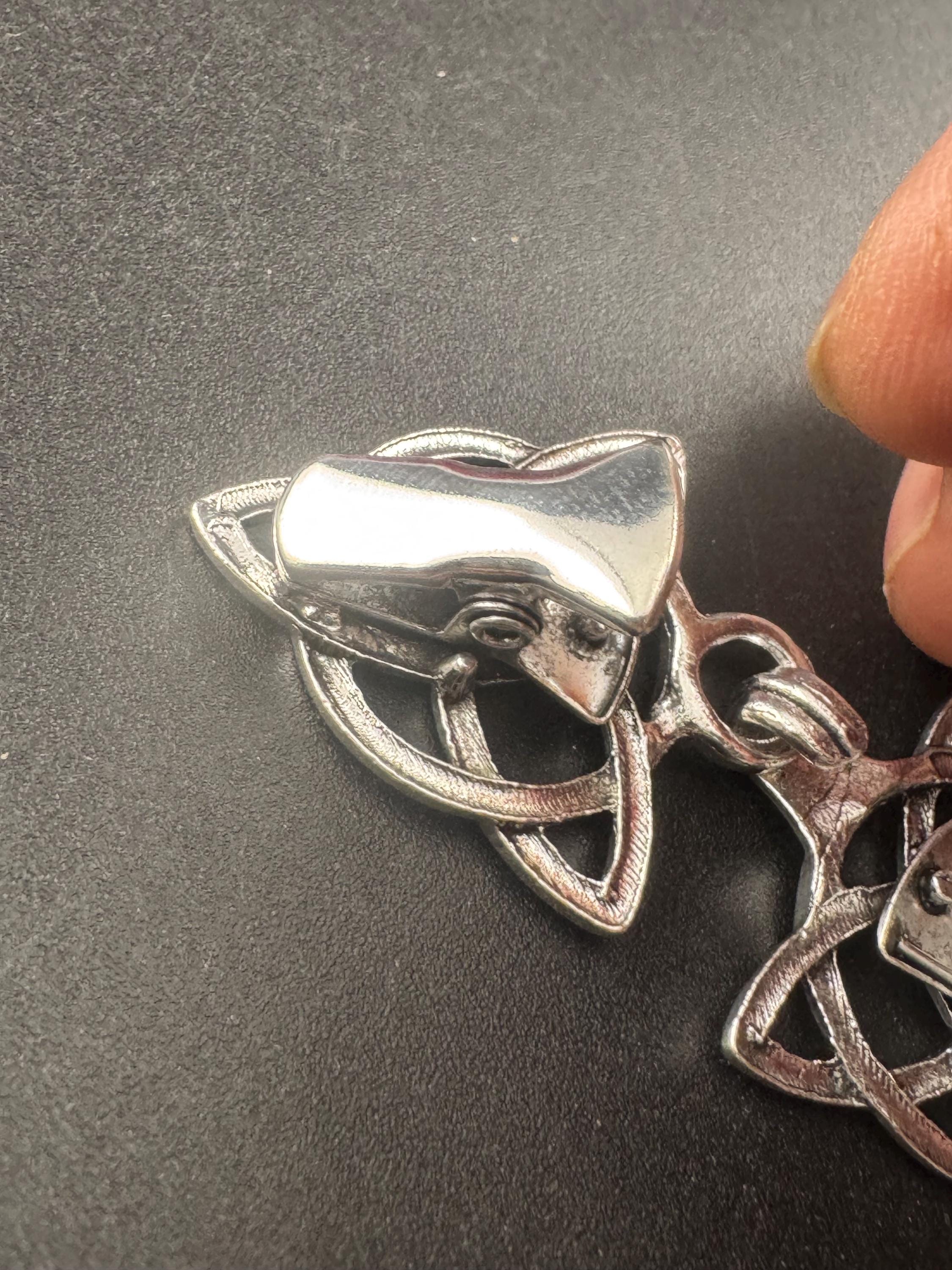 Silver cloak clip, Celtic Scottish style cardigan clasp, triangular double buckle cape clip