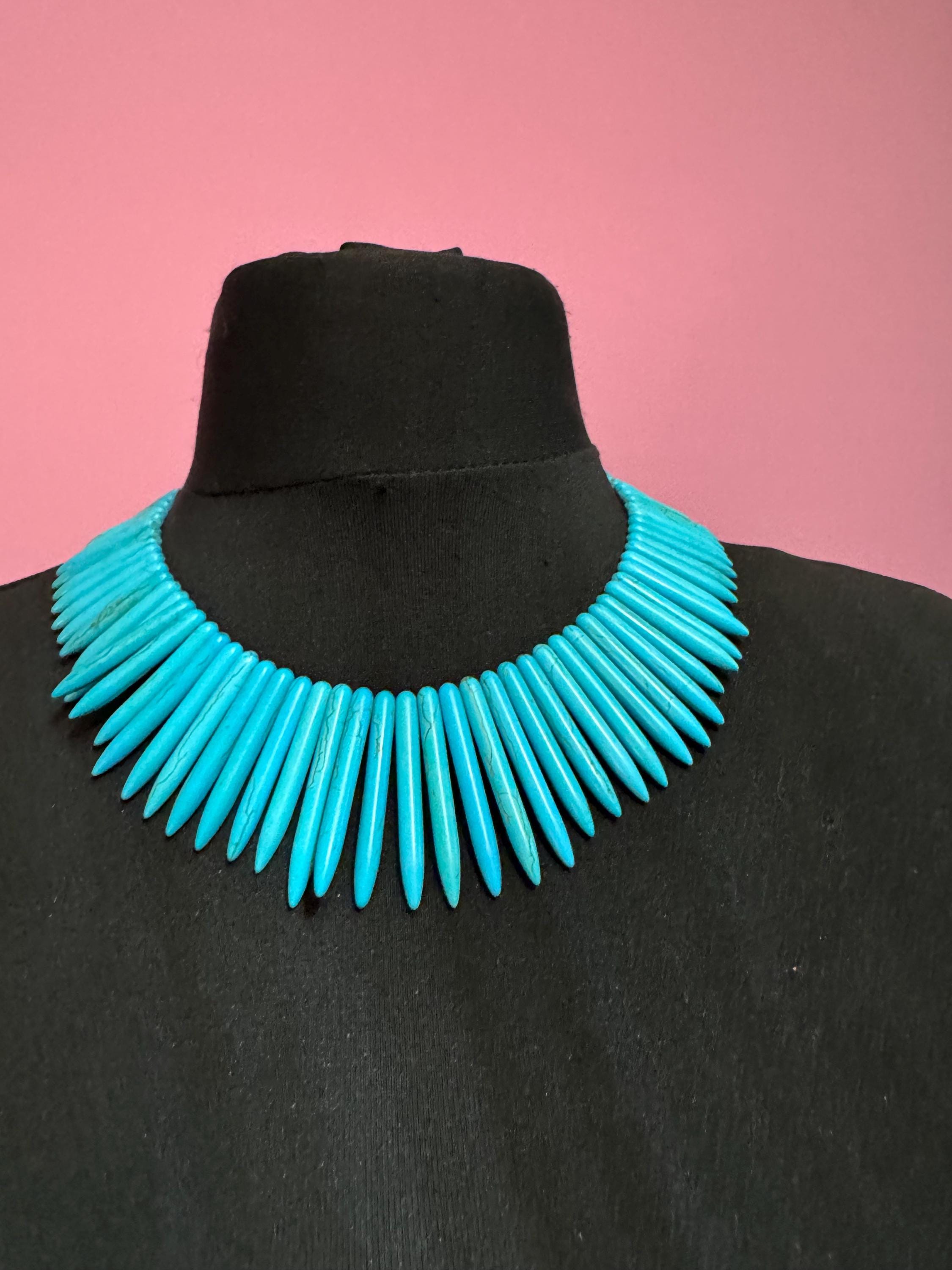 KJL turquoise spiky bib choker necklace, howlite gemstone tribal , Kenneth jay lane jewellery