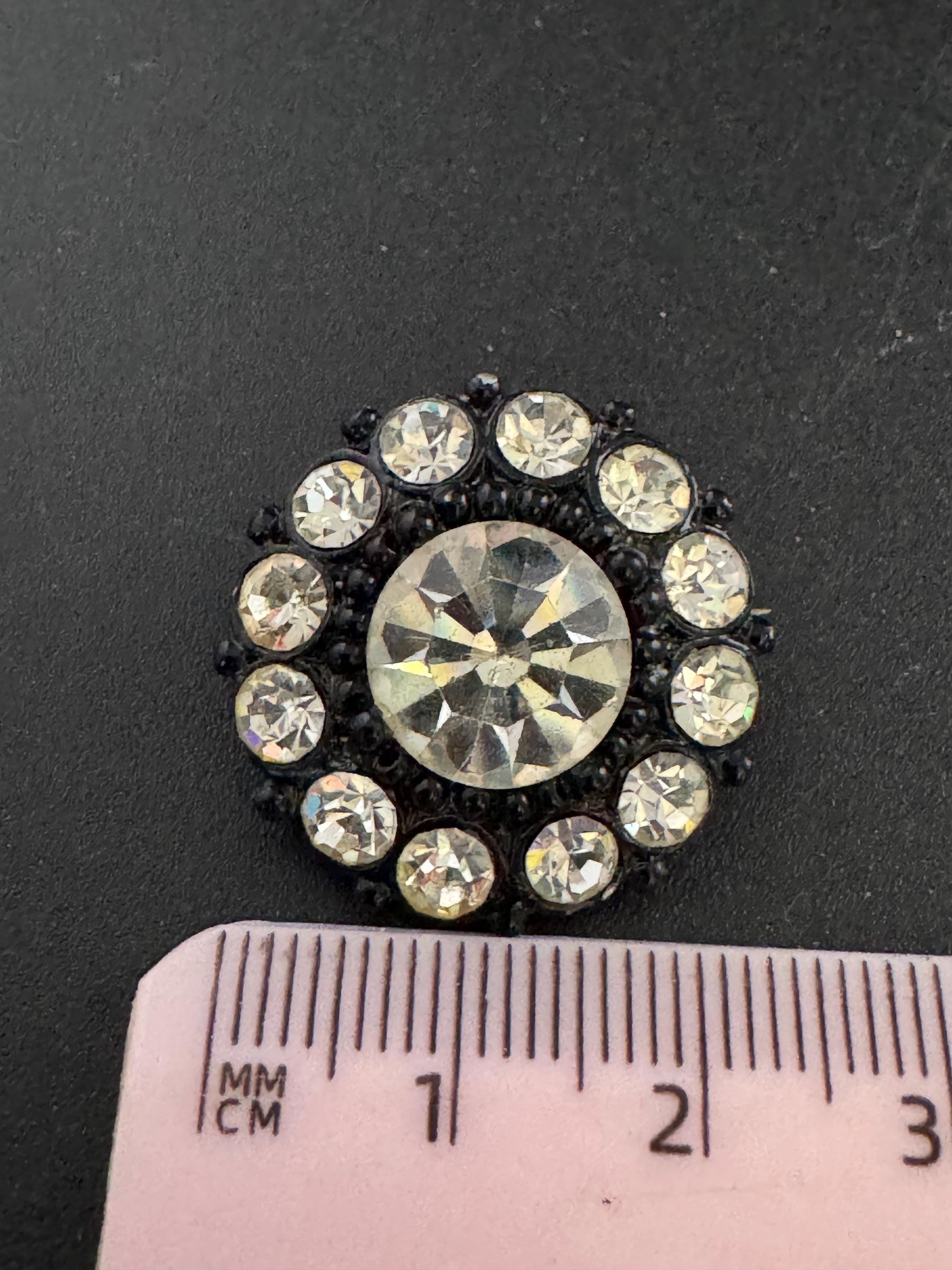 Vintage small clear Diamanté round button Brooch, Japanned metal c clasp