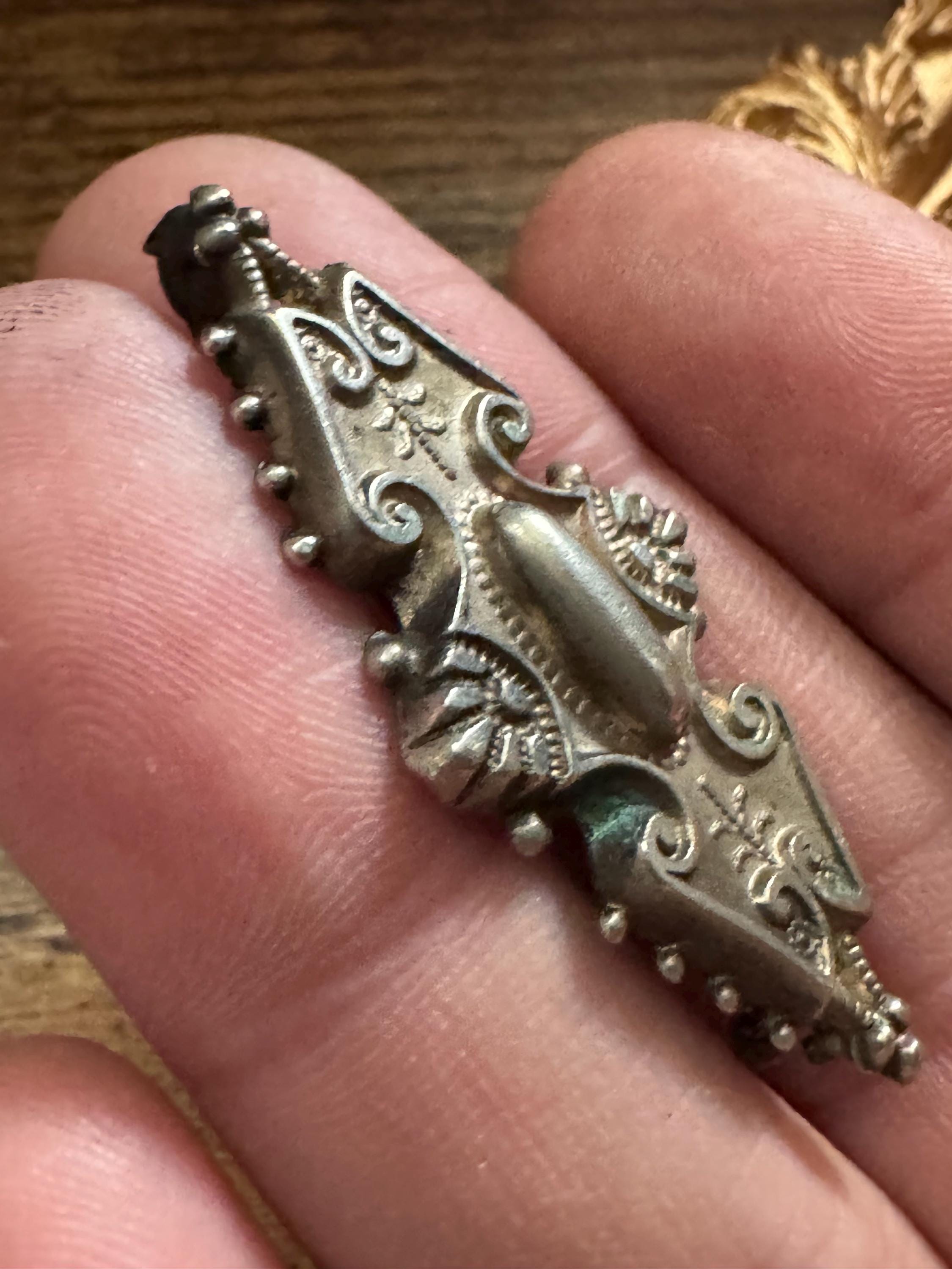 Victorian Etched silver Brooch: Antique sterling silver Pin
